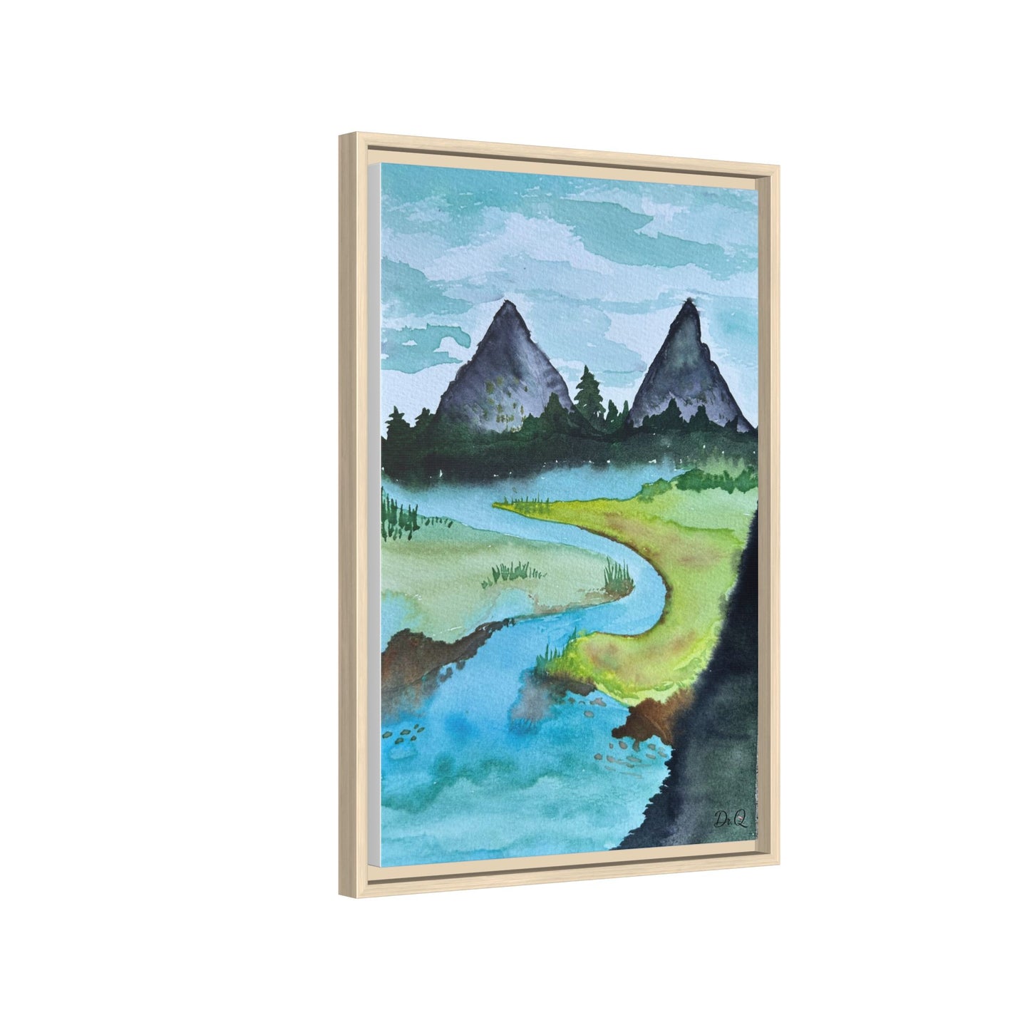Mountain River Framed Canvas Watercolor Print by Dr. Q