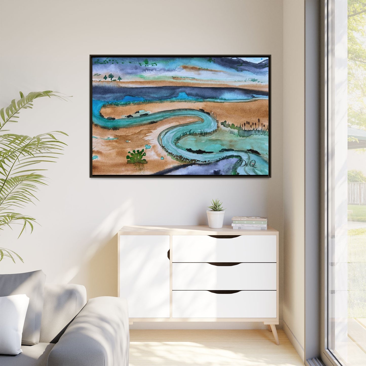Winding River by Dr. Q - Framed Matte Canvas Watercolor Wall Art
