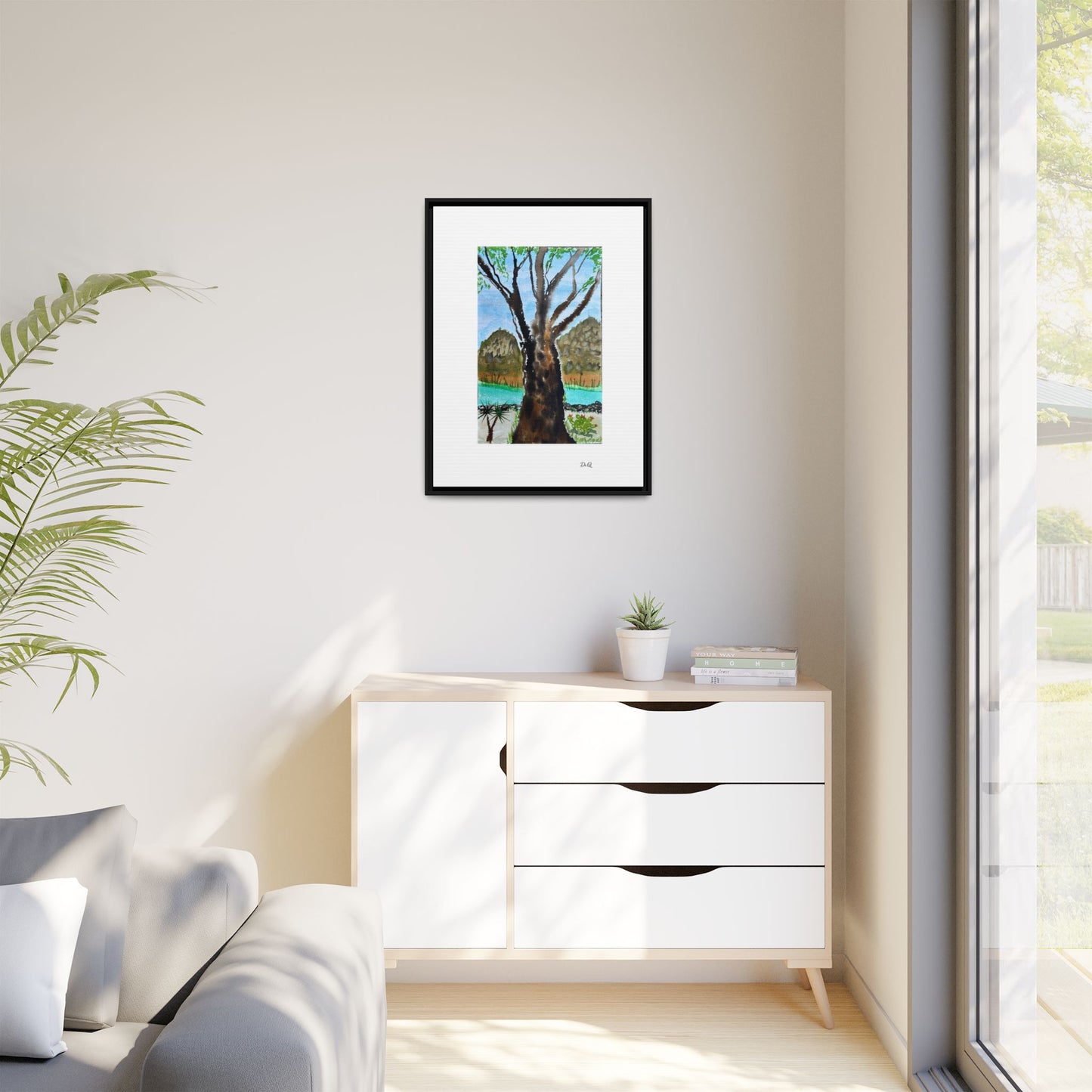 Tranquil Lakeside Tree Watercolor - Framed Matte Canvas Print by Dr. Q