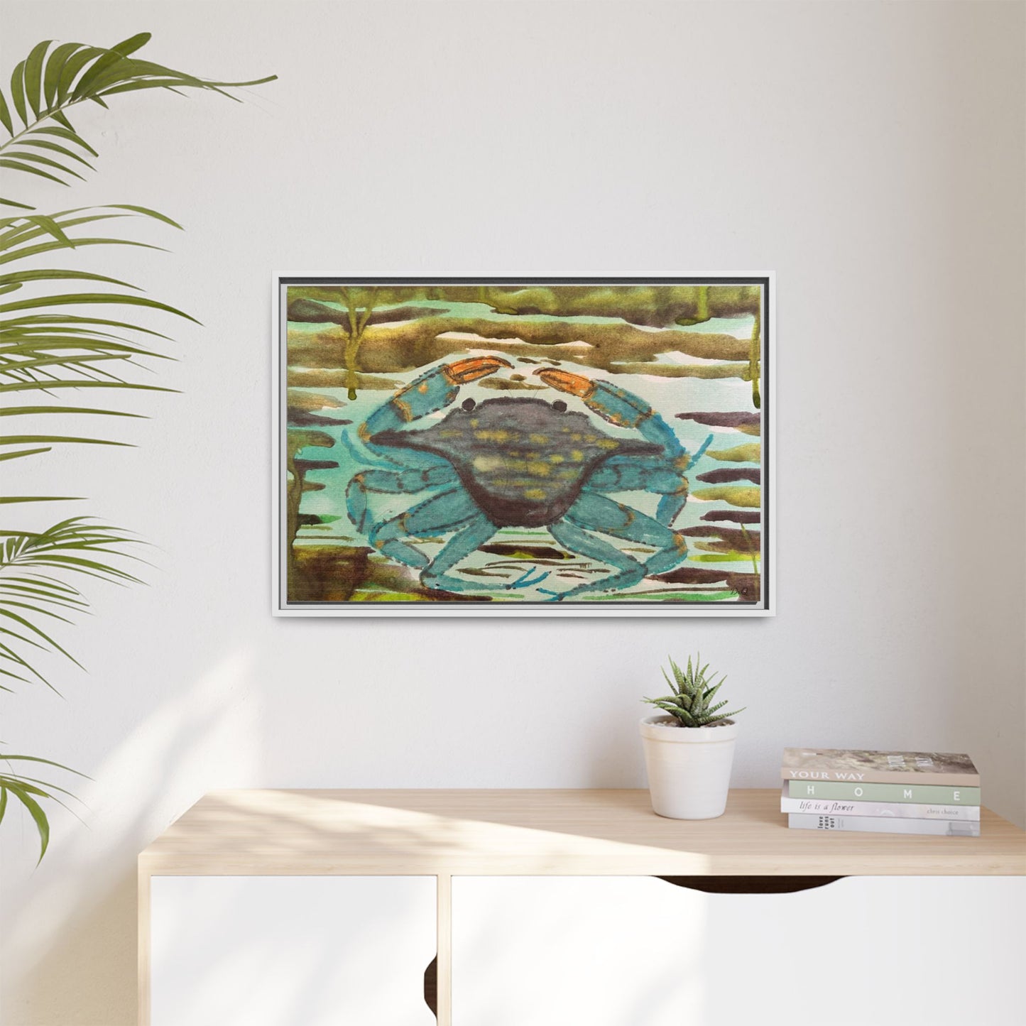 Blue Crab Coastal Art Print — Matte Framed Canvas