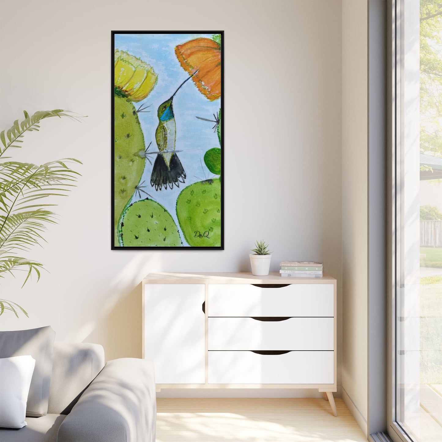 Framed Hummingbird Cactus Watercolor Print on Canvas by Dr. Q — Floral Desert Wall Art