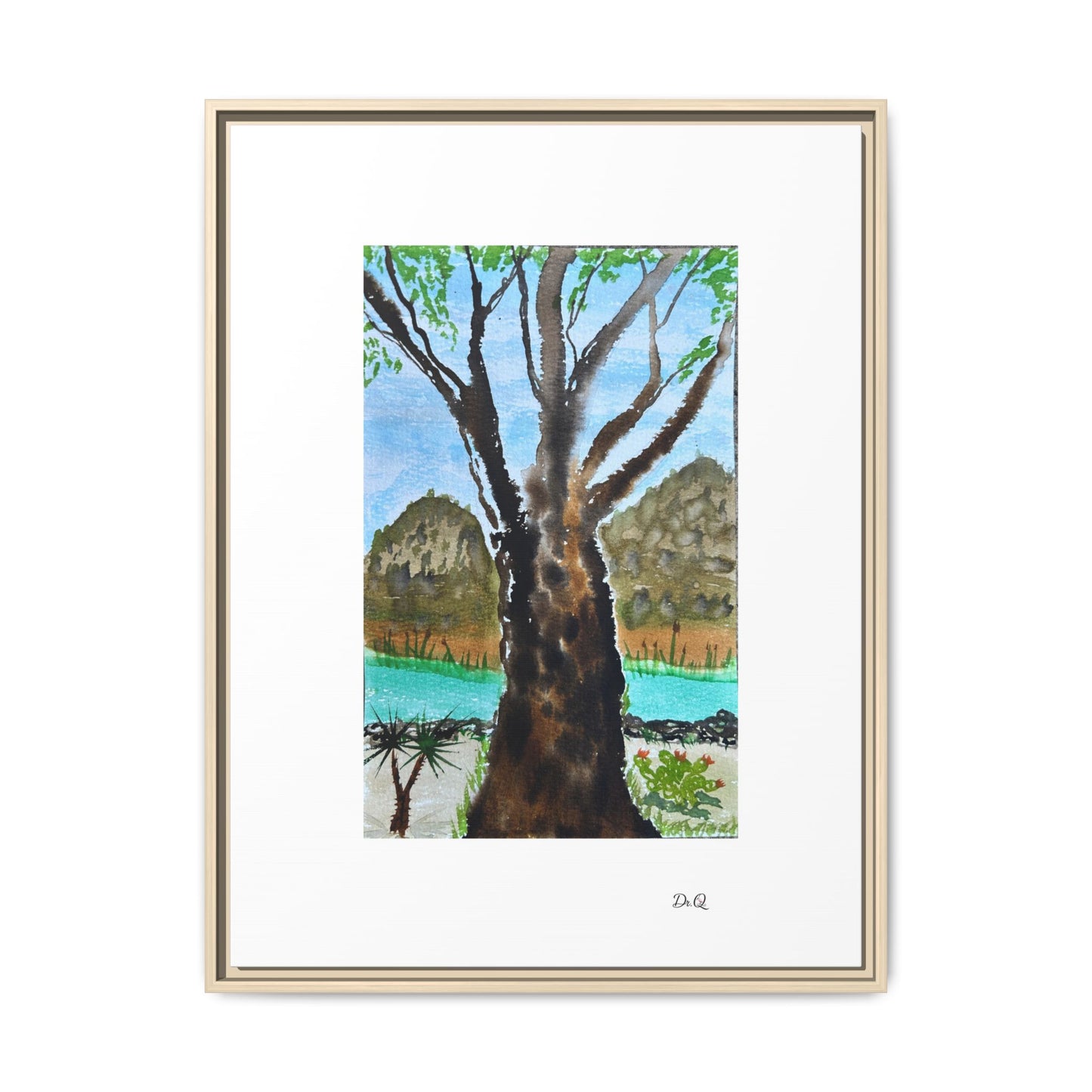 Tranquil Lakeside Tree Watercolor - Framed Matte Canvas Print by Dr. Q
