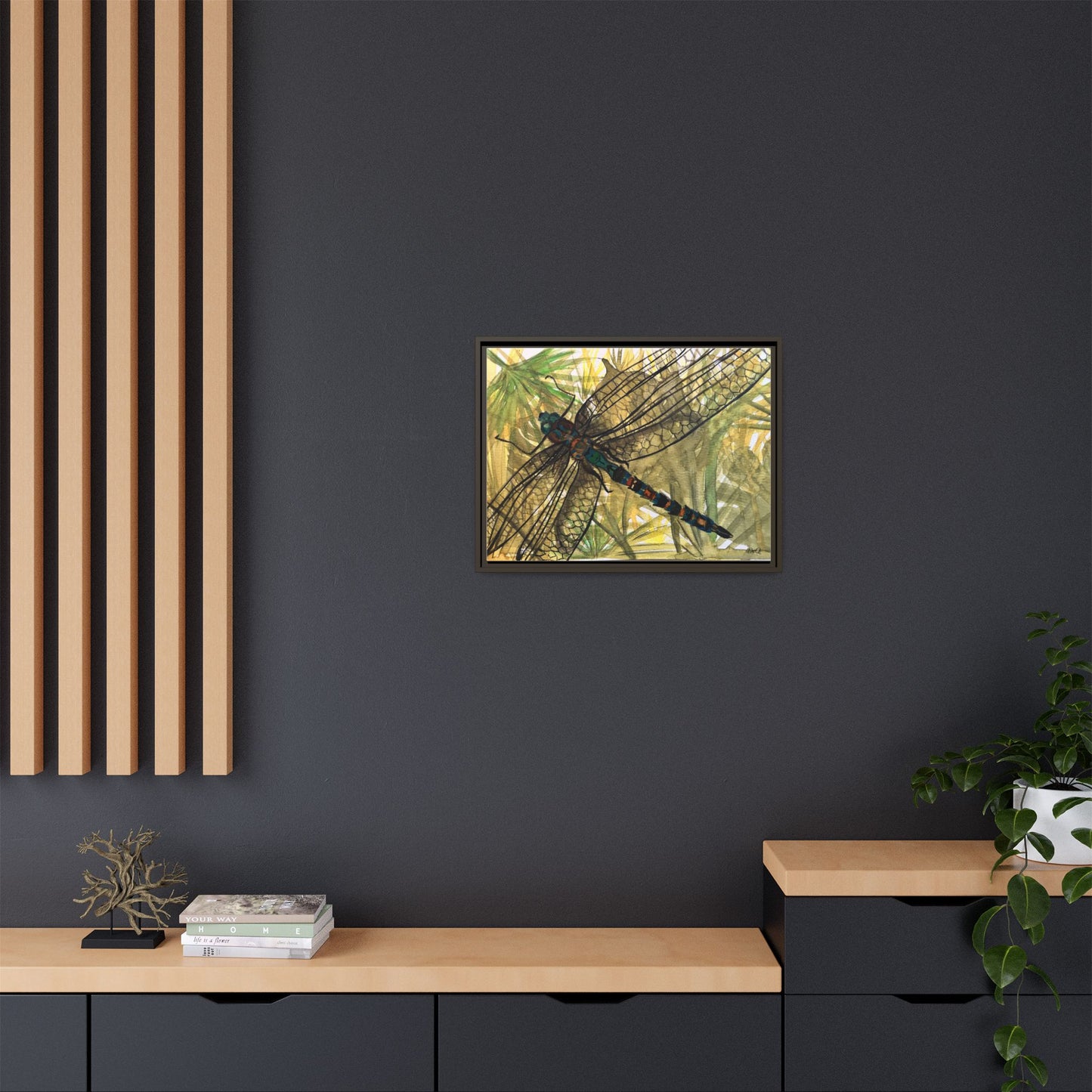 Dragonfly Framed Canvas Art — Botanical Watercolor Wall Decor