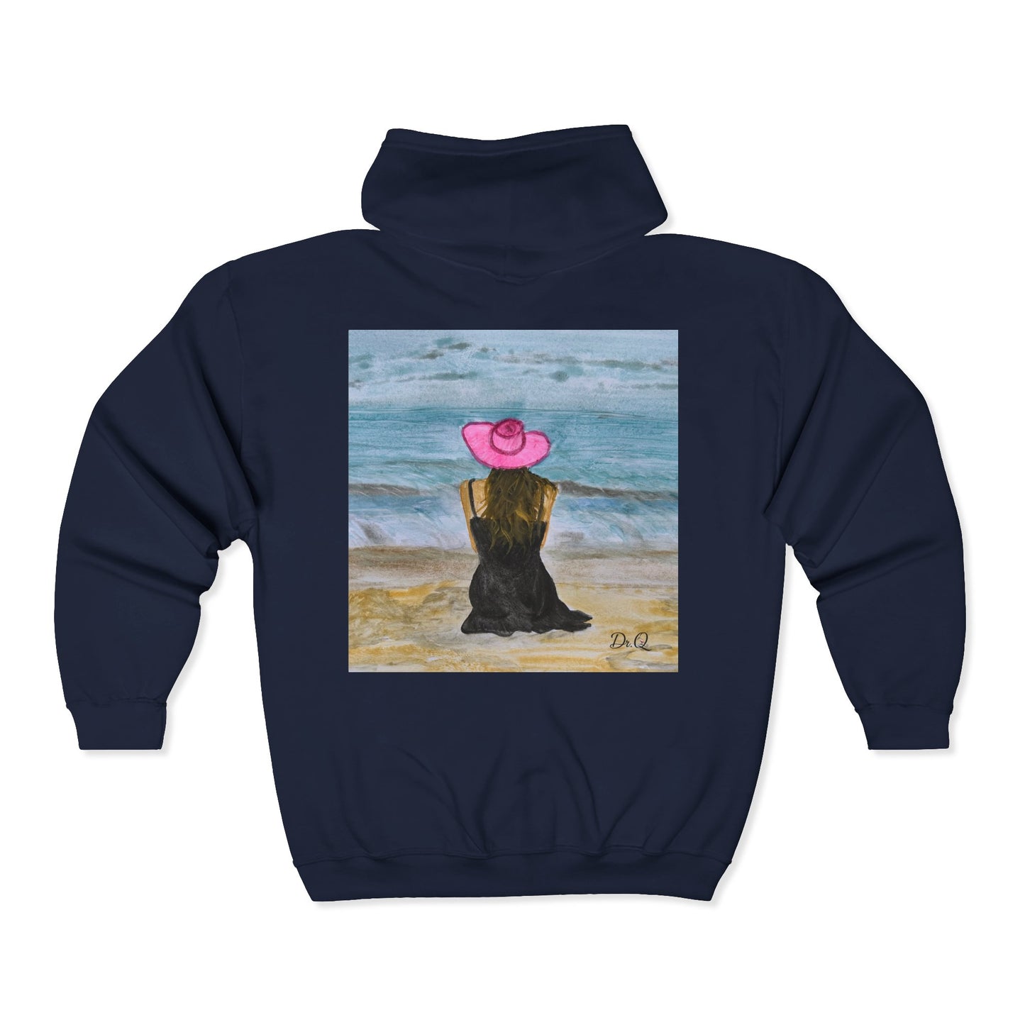 Dr. Q's Full-Zip Hoodie — Woman in Pink Hat Beach Art Zip-Up Sweatshirt