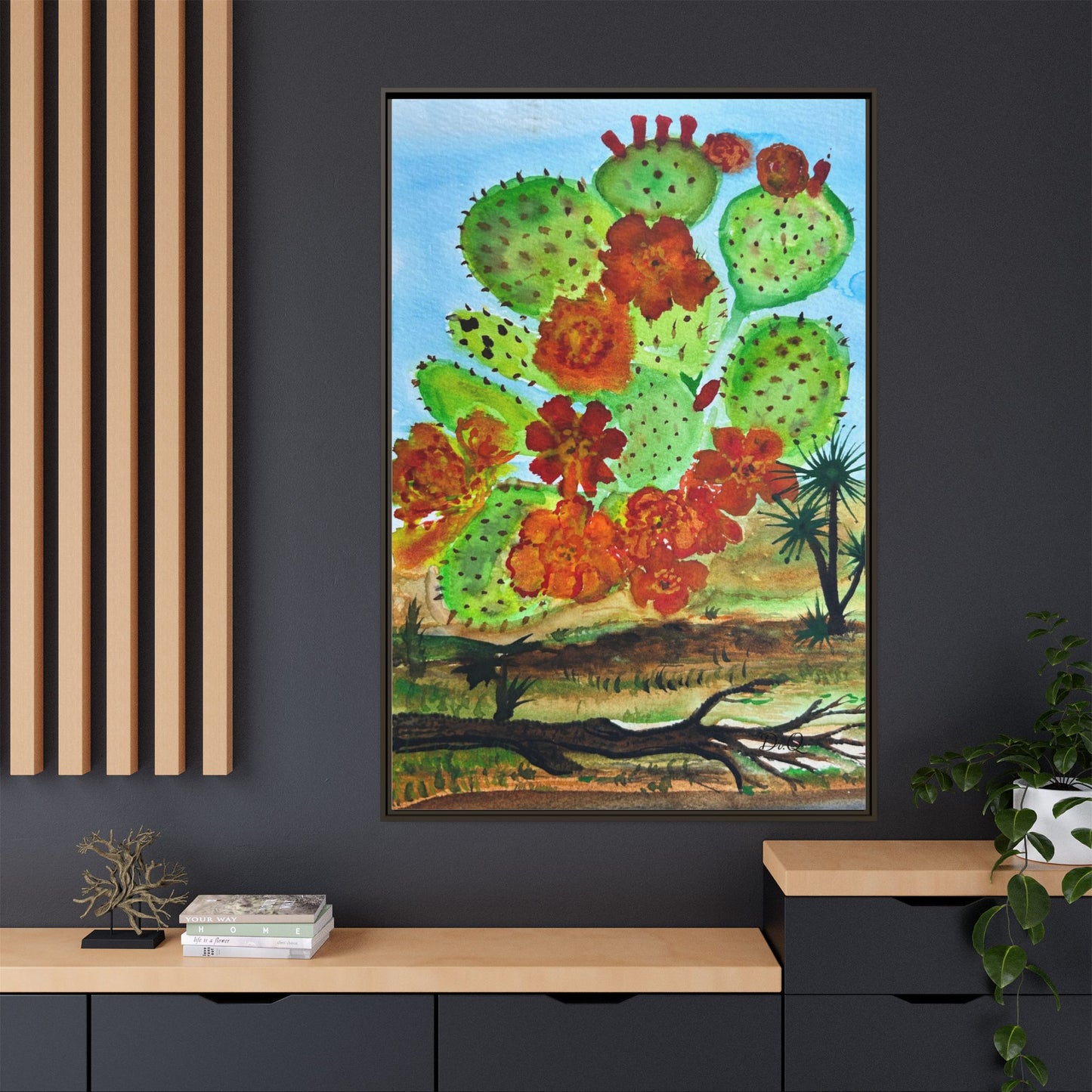 Prickly Pear Cactus Framed Canvas Print — Vertical Botanical Wall Art