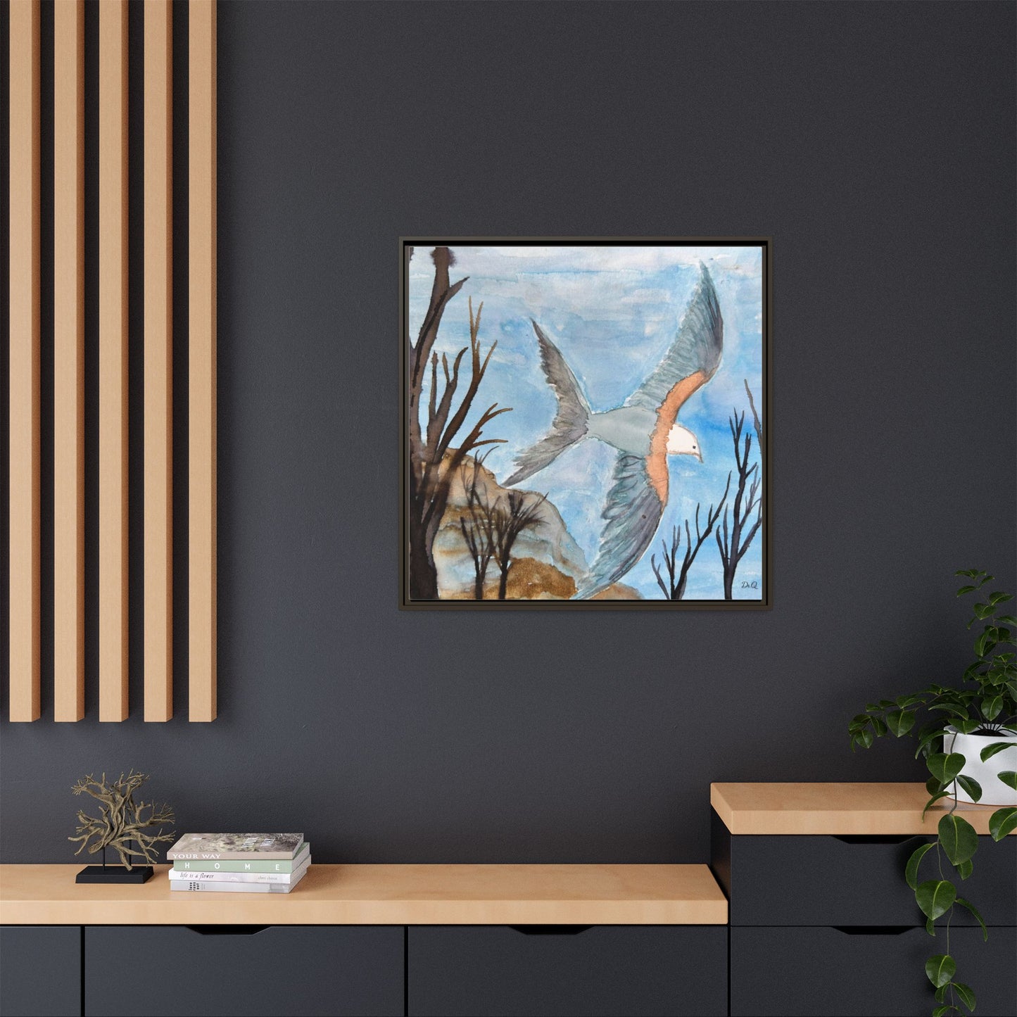 Framed Matte Canvas Wall Art — Soaring Seagull Coastal Print