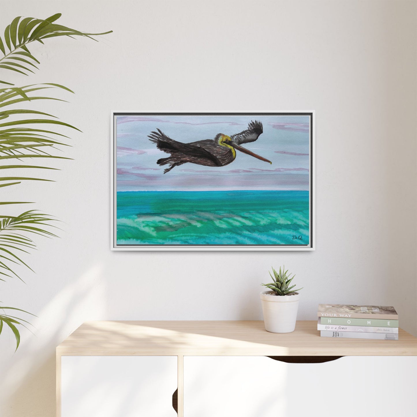 Brown Pelican Over Ocean Matte Framed Canvas Art
