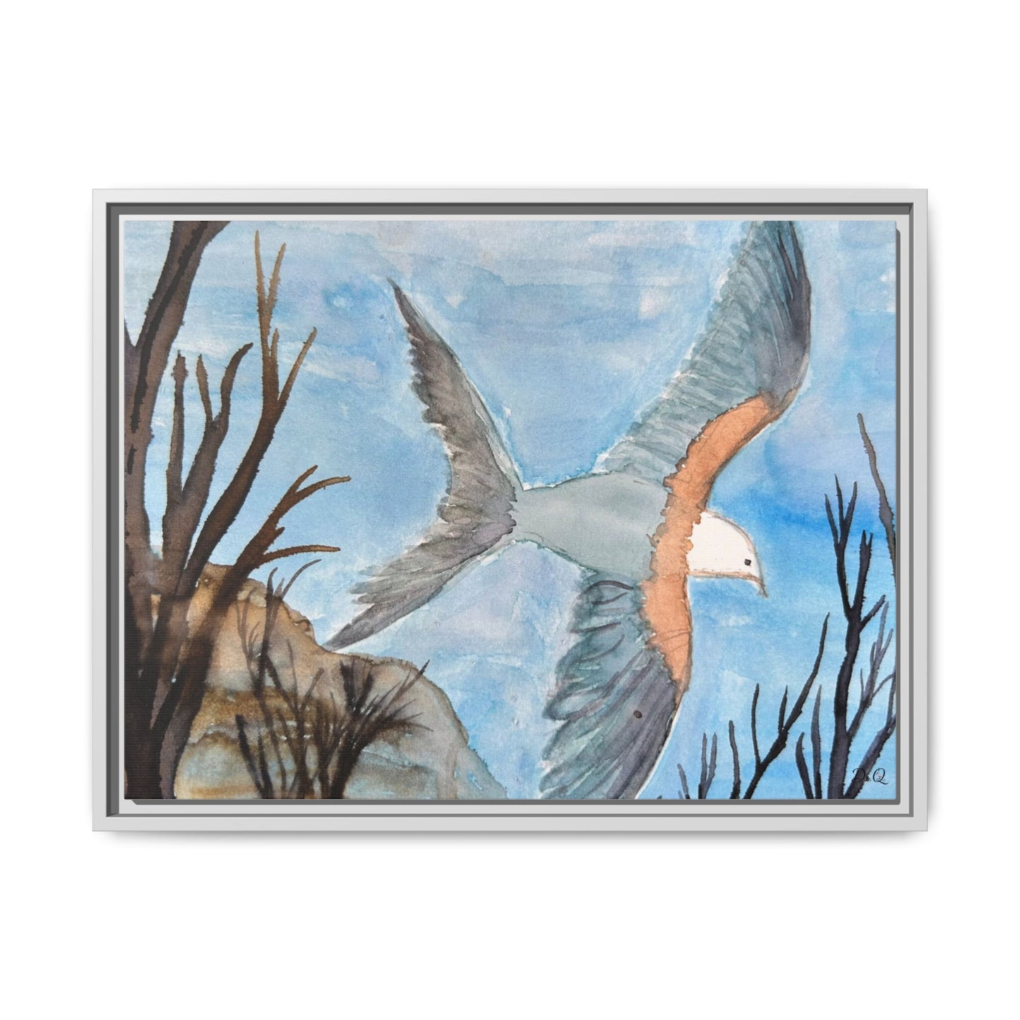 Framed Matte Canvas Wall Art — Soaring Seagull Coastal Print