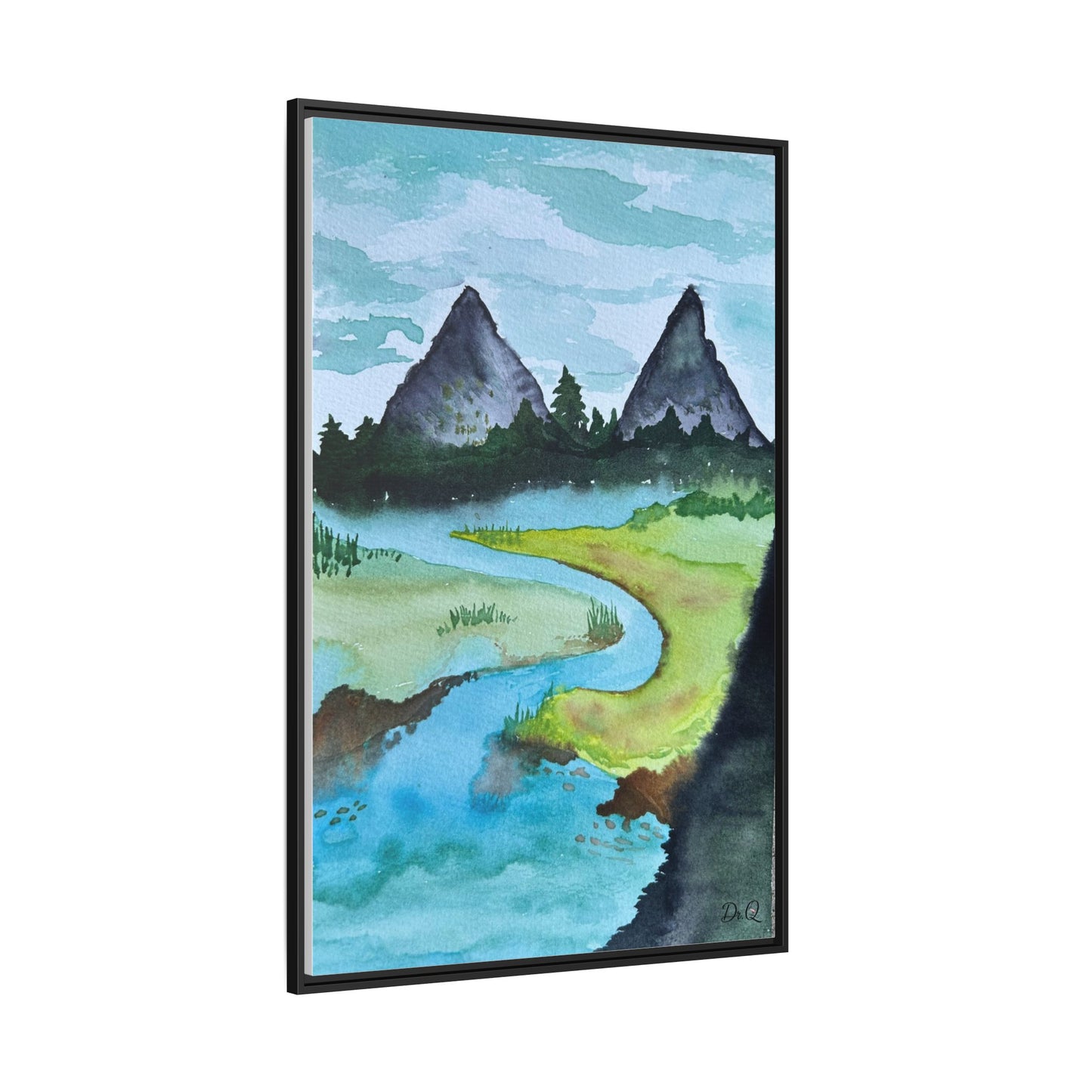 Mountain River Framed Canvas Watercolor Print by Dr. Q
