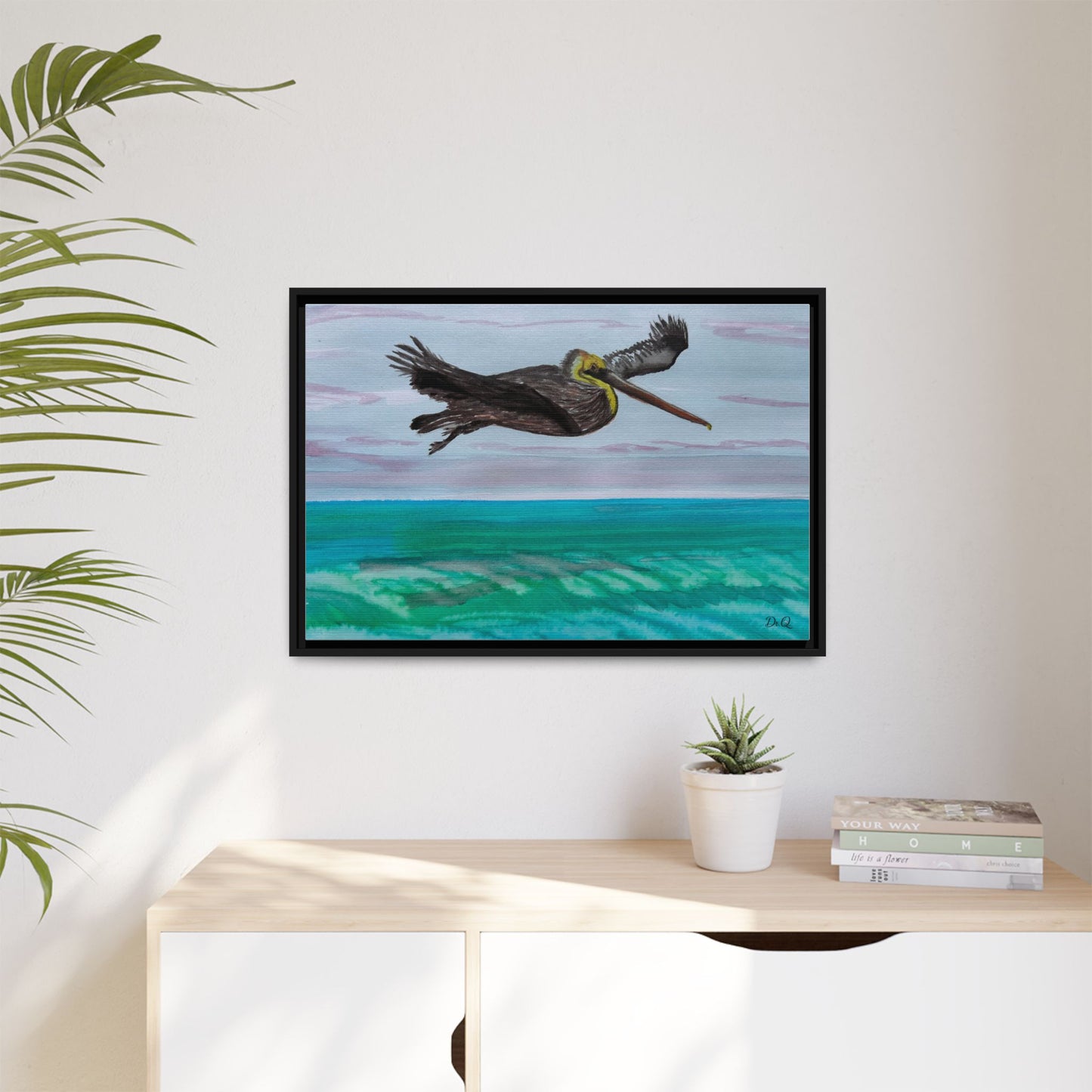 Brown Pelican Over Ocean Matte Framed Canvas Art