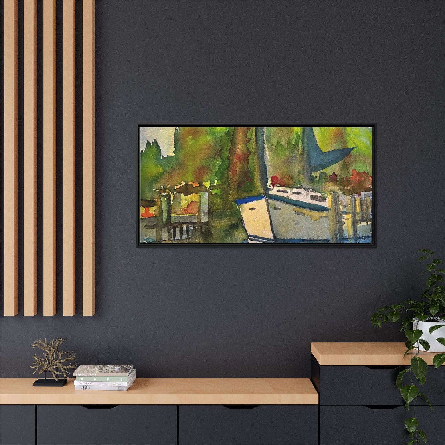 Sailboat Harbor Watercolor — Framed Matte Canvas Wall Art