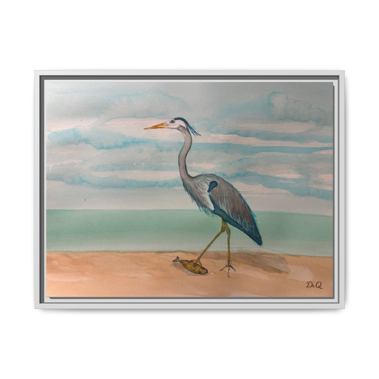 Framed Heron Beach Matte Canvas — Coastal Watercolor Wall Art