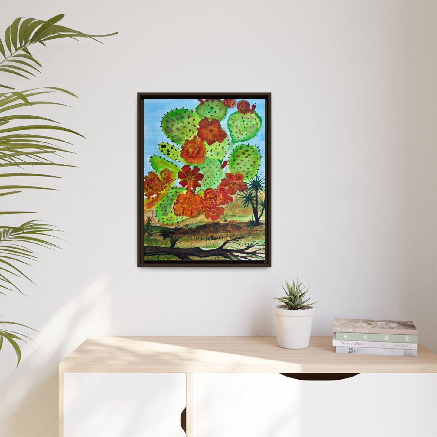 Prickly Pear Cactus Framed Canvas Print — Vertical Botanical Wall Art