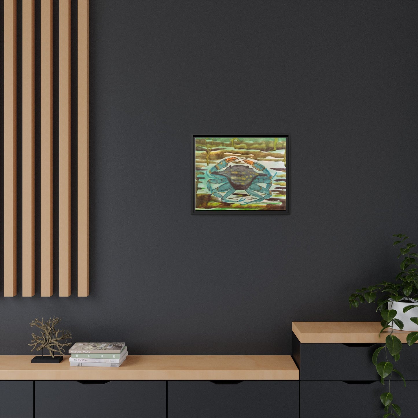 Blue Crab Coastal Art Print — Matte Framed Canvas