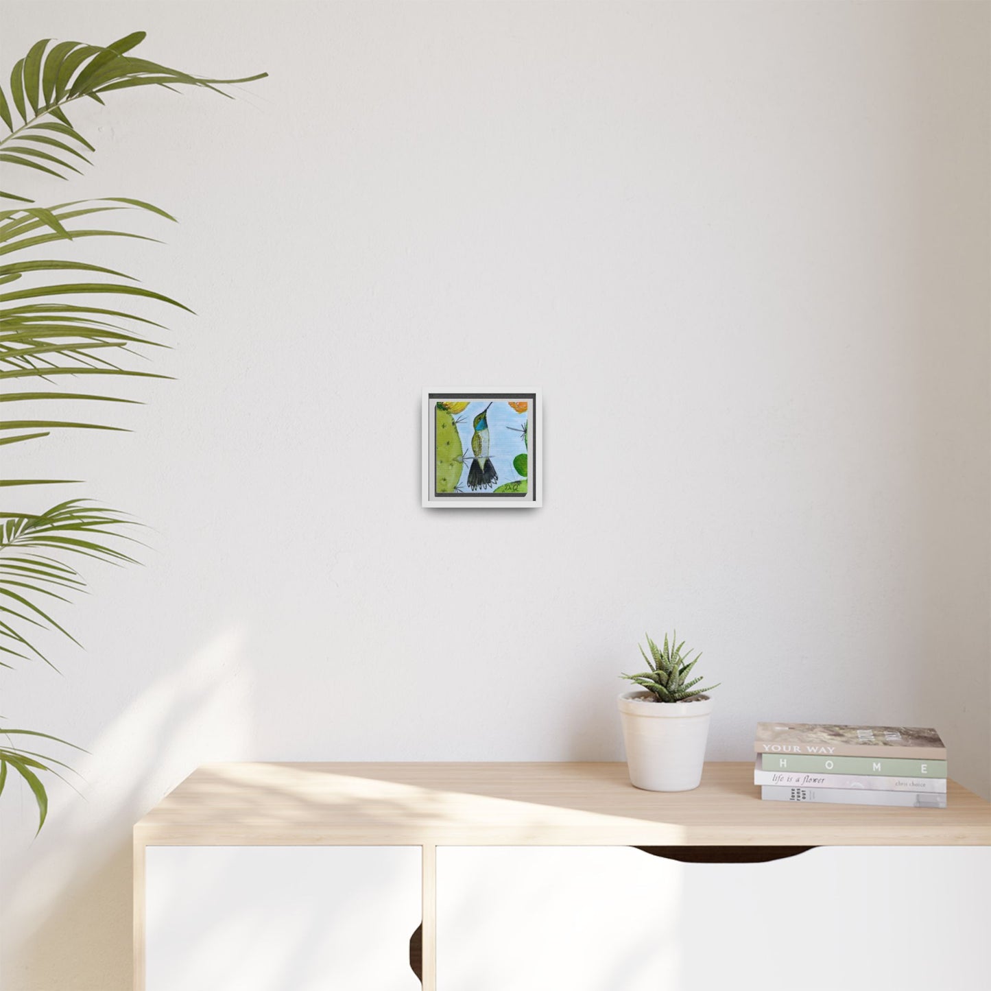 Framed Hummingbird Cactus Watercolor Print on Canvas by Dr. Q — Floral Desert Wall Art