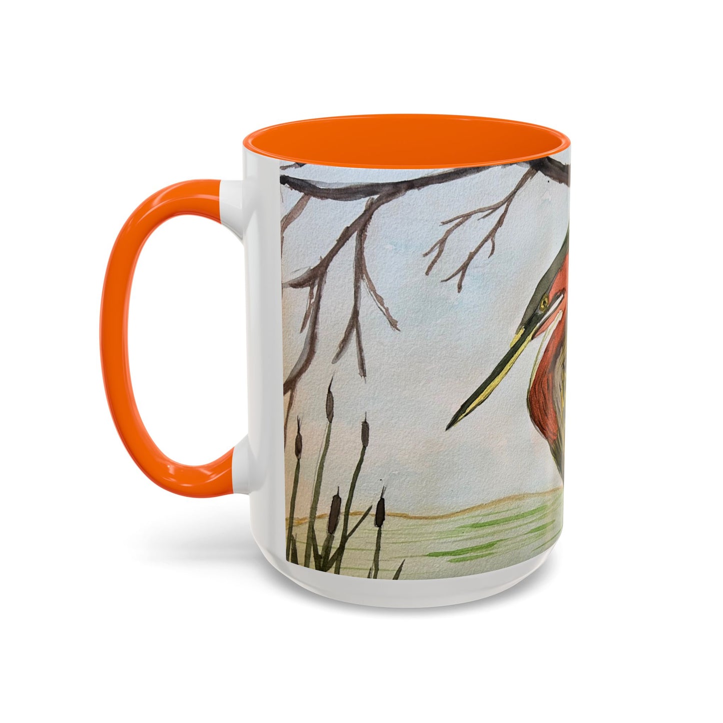 Green Heron Watercolor Accent Coffee Mug — Nature Bird Watercolor (11/15oz)