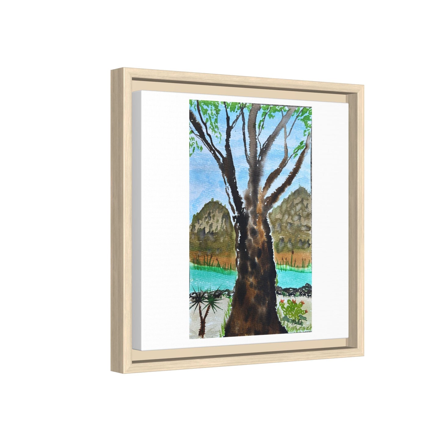 Tranquil Lakeside Tree Watercolor - Framed Matte Canvas Print by Dr. Q