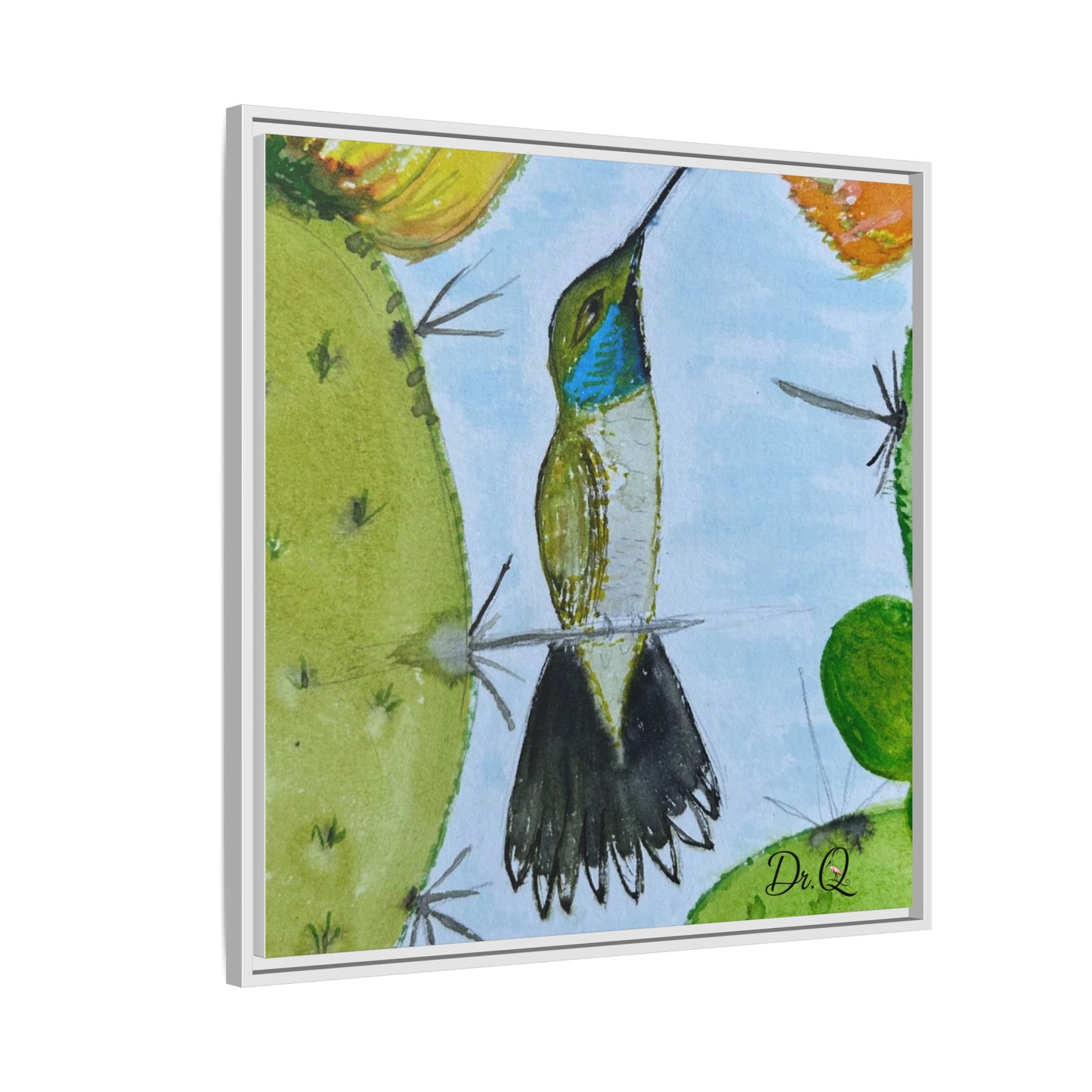 Framed Hummingbird Cactus Watercolor Print on Canvas by Dr. Q — Floral Desert Wall Art