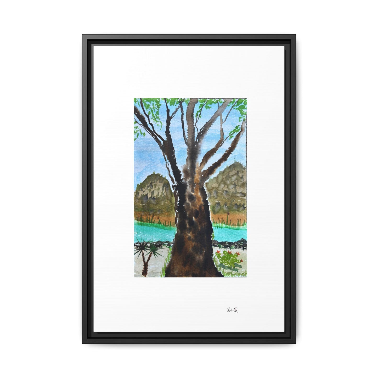 Tranquil Lakeside Tree Watercolor - Framed Matte Canvas Print by Dr. Q