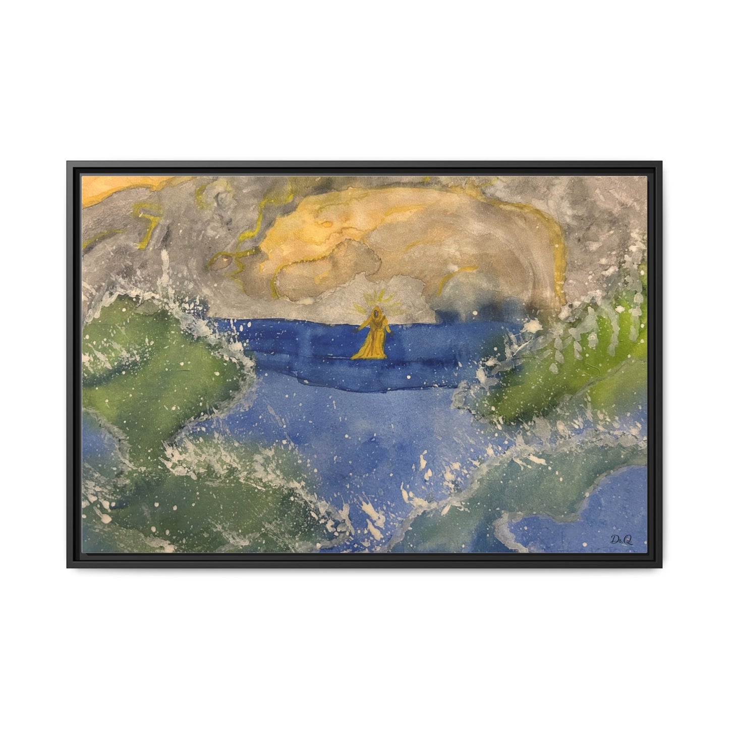 "Faith in the Storm" Framed Matte Canvas Seascape — Golden Sail at Sunset