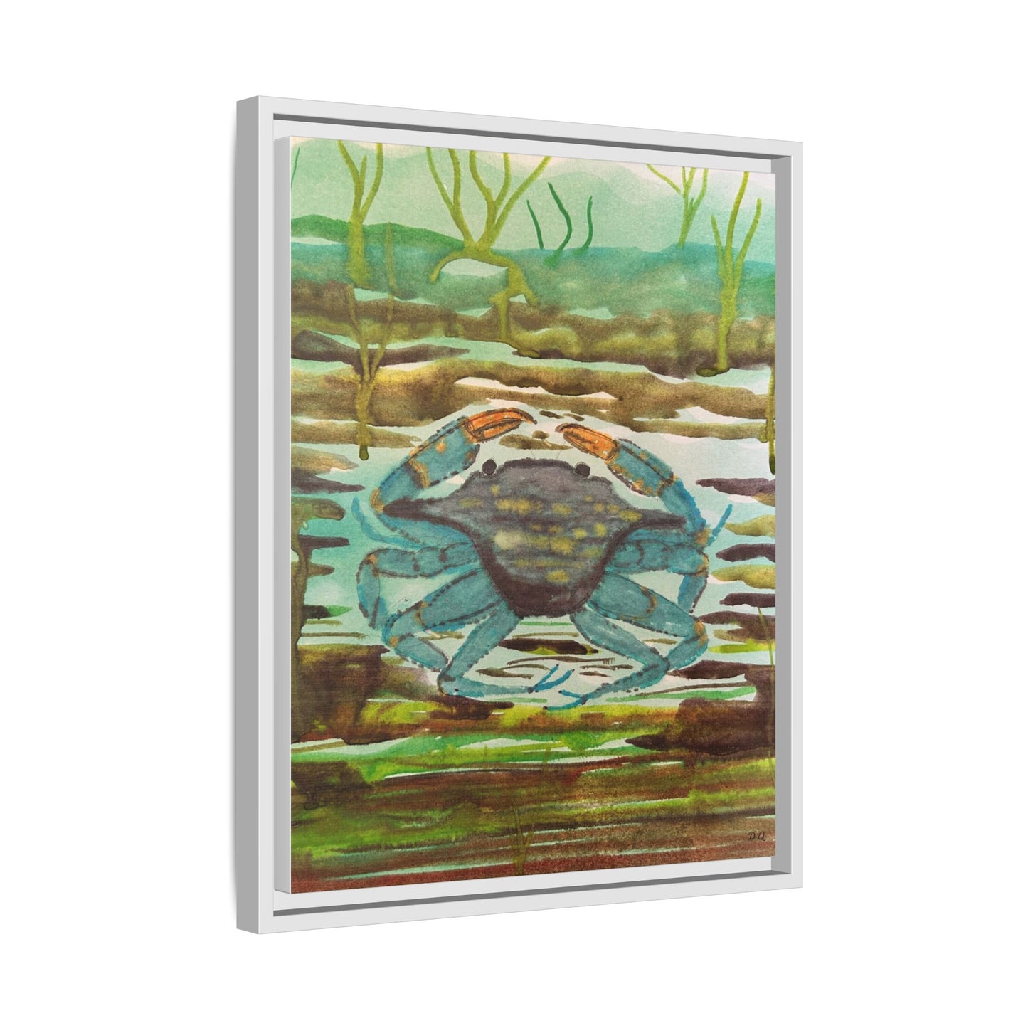 Blue Crab Coastal Art Print — Matte Framed Canvas