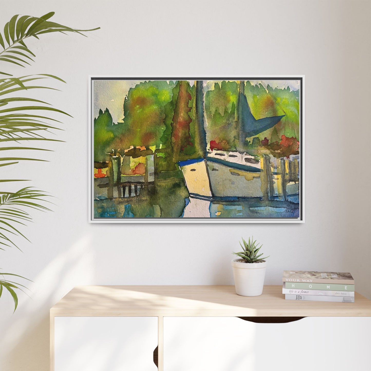 Sailboat Harbor Watercolor — Framed Matte Canvas Wall Art