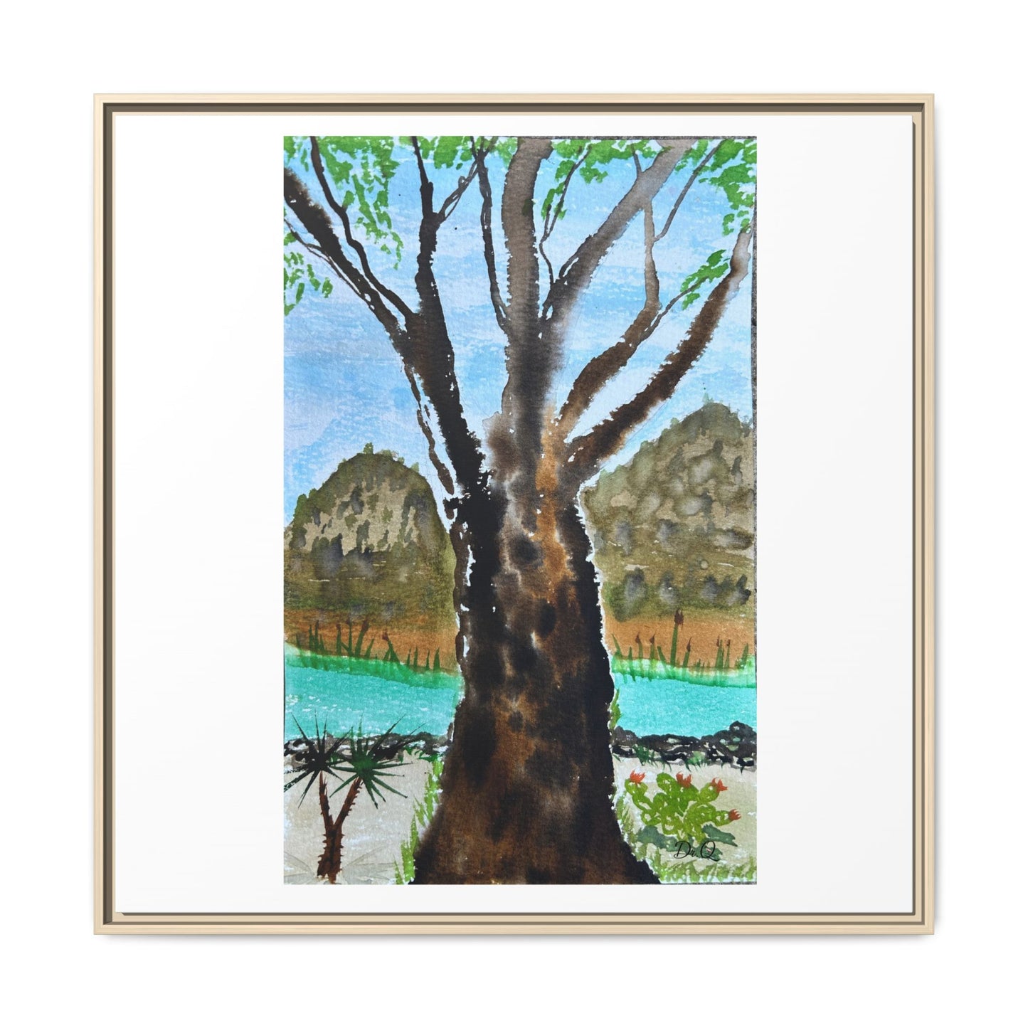 Tranquil Lakeside Tree Watercolor - Framed Matte Canvas Print by Dr. Q