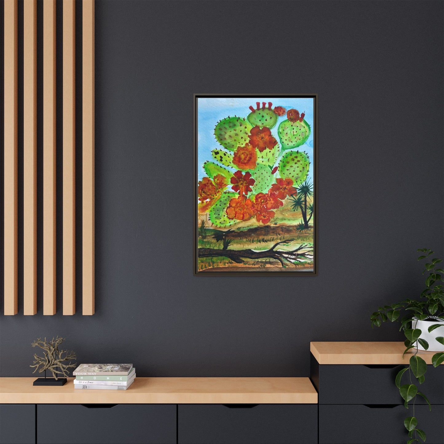 Prickly Pear Cactus Framed Canvas Print — Vertical Botanical Wall Art