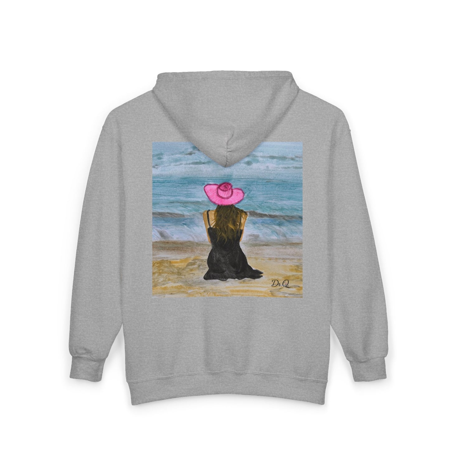 Dr. Q's Full-Zip Hoodie — Woman in Pink Hat Beach Art Zip-Up Sweatshirt