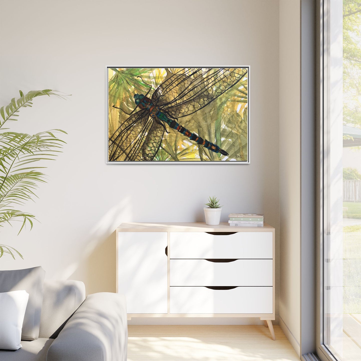 Dragonfly Framed Canvas Art — Botanical Watercolor Wall Decor