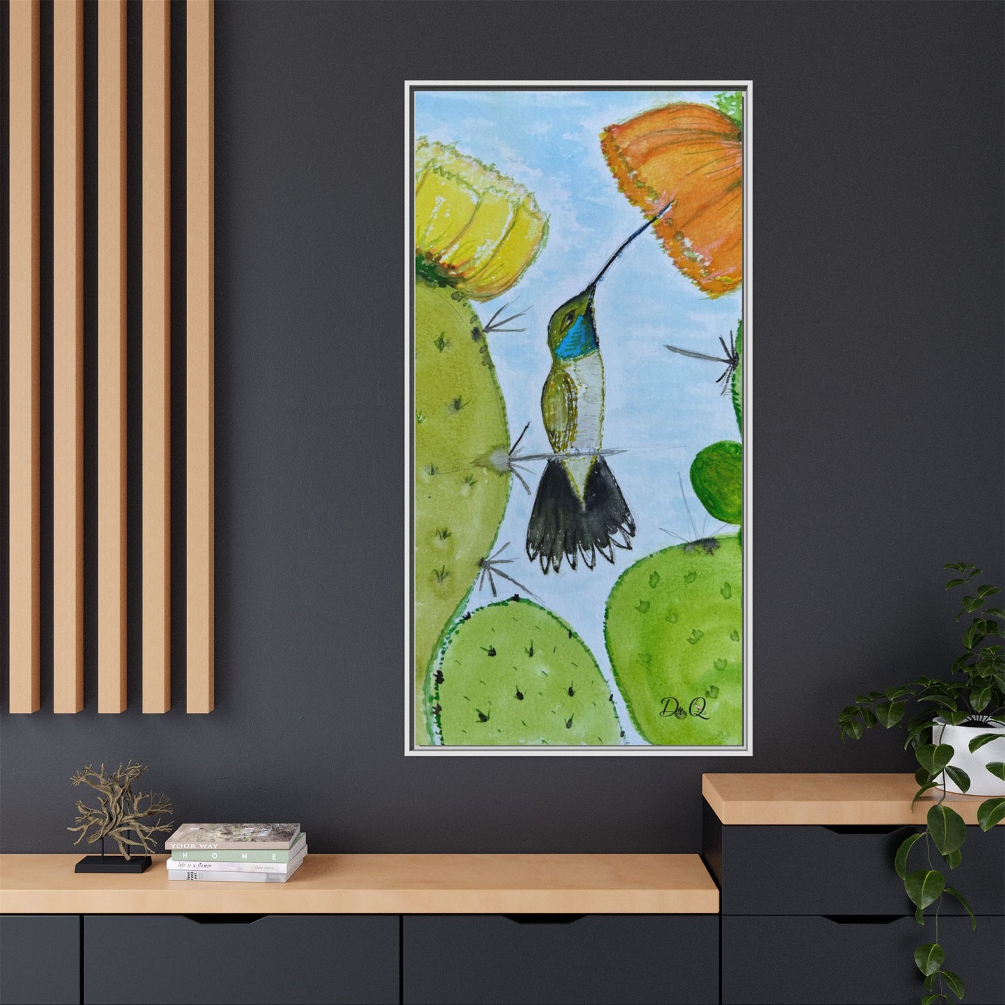 Framed Hummingbird Cactus Watercolor Print on Canvas by Dr. Q — Floral Desert Wall Art