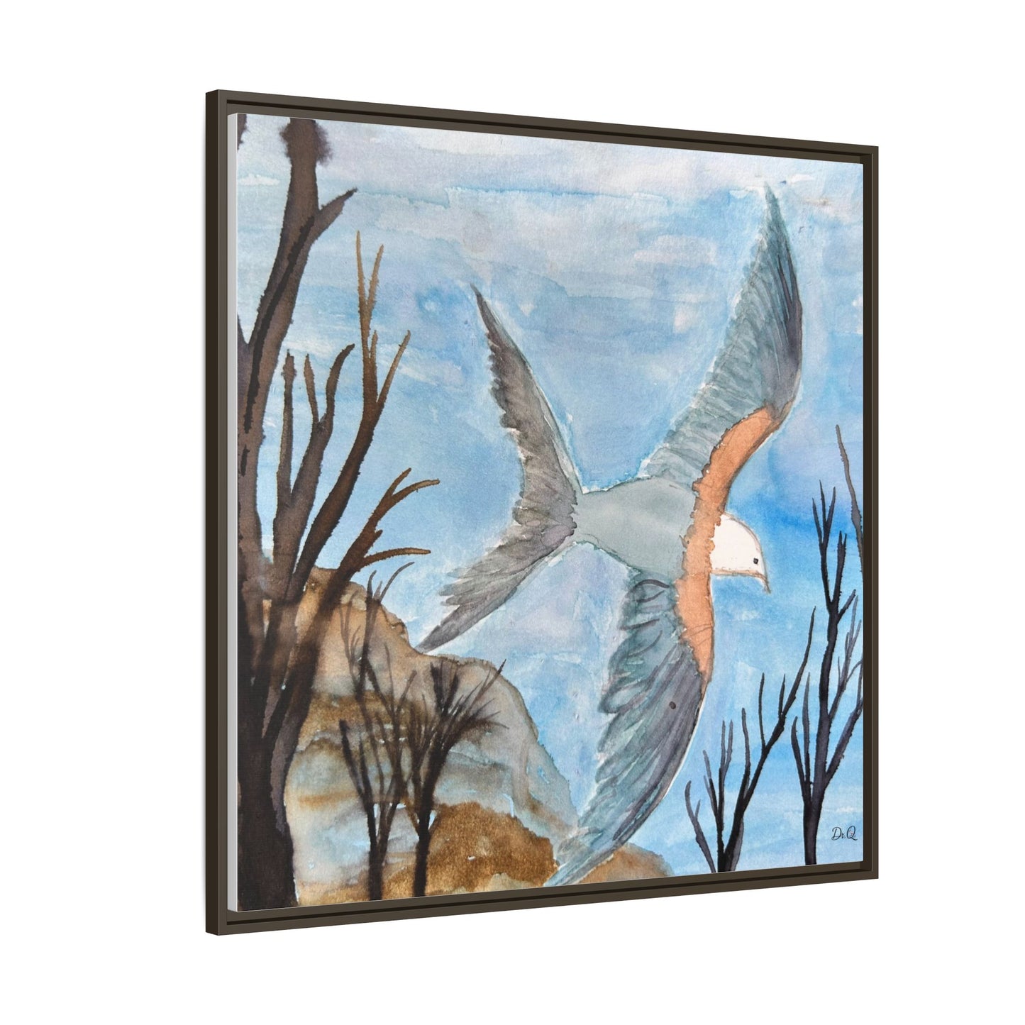 Framed Matte Canvas Wall Art — Soaring Seagull Coastal Print