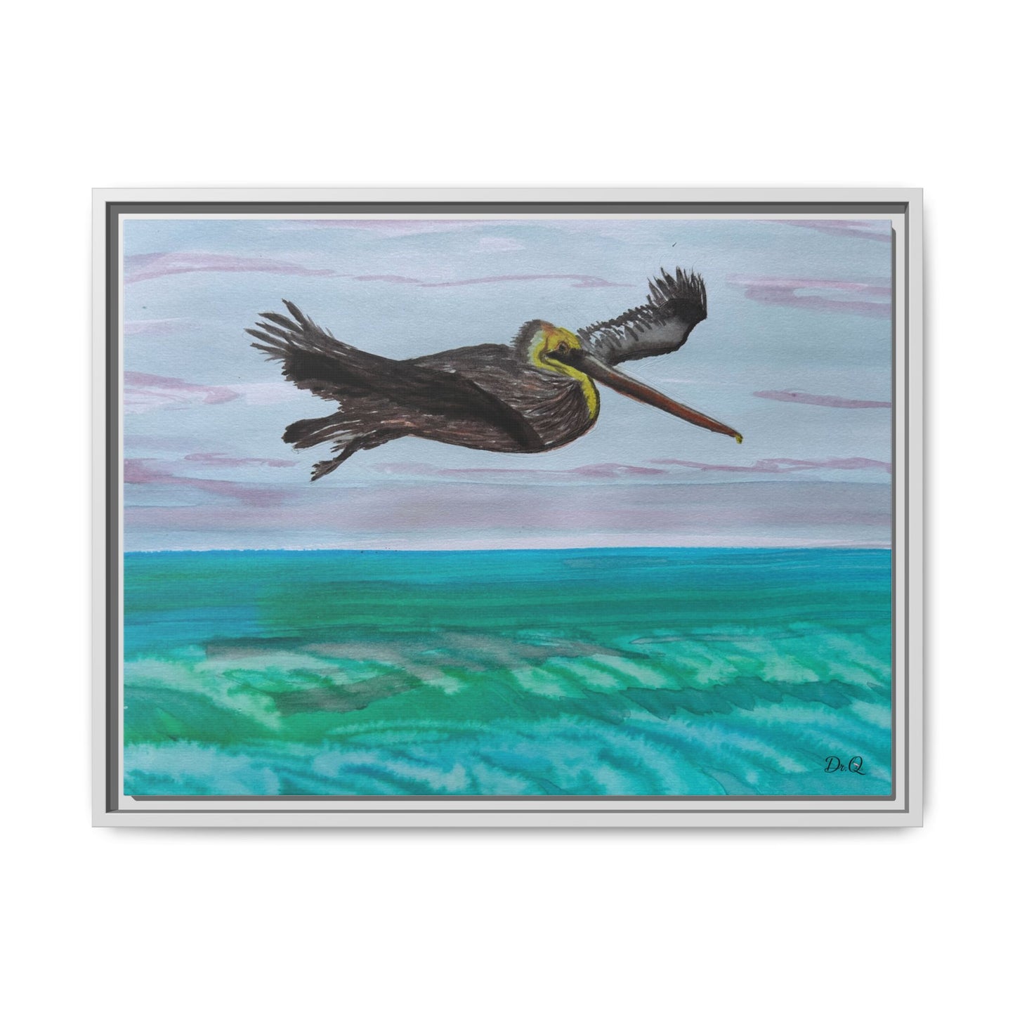 Brown Pelican Over Ocean Matte Framed Canvas Art