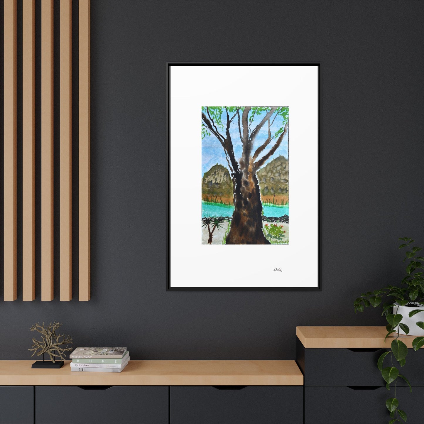 Tranquil Lakeside Tree Watercolor - Framed Matte Canvas Print by Dr. Q