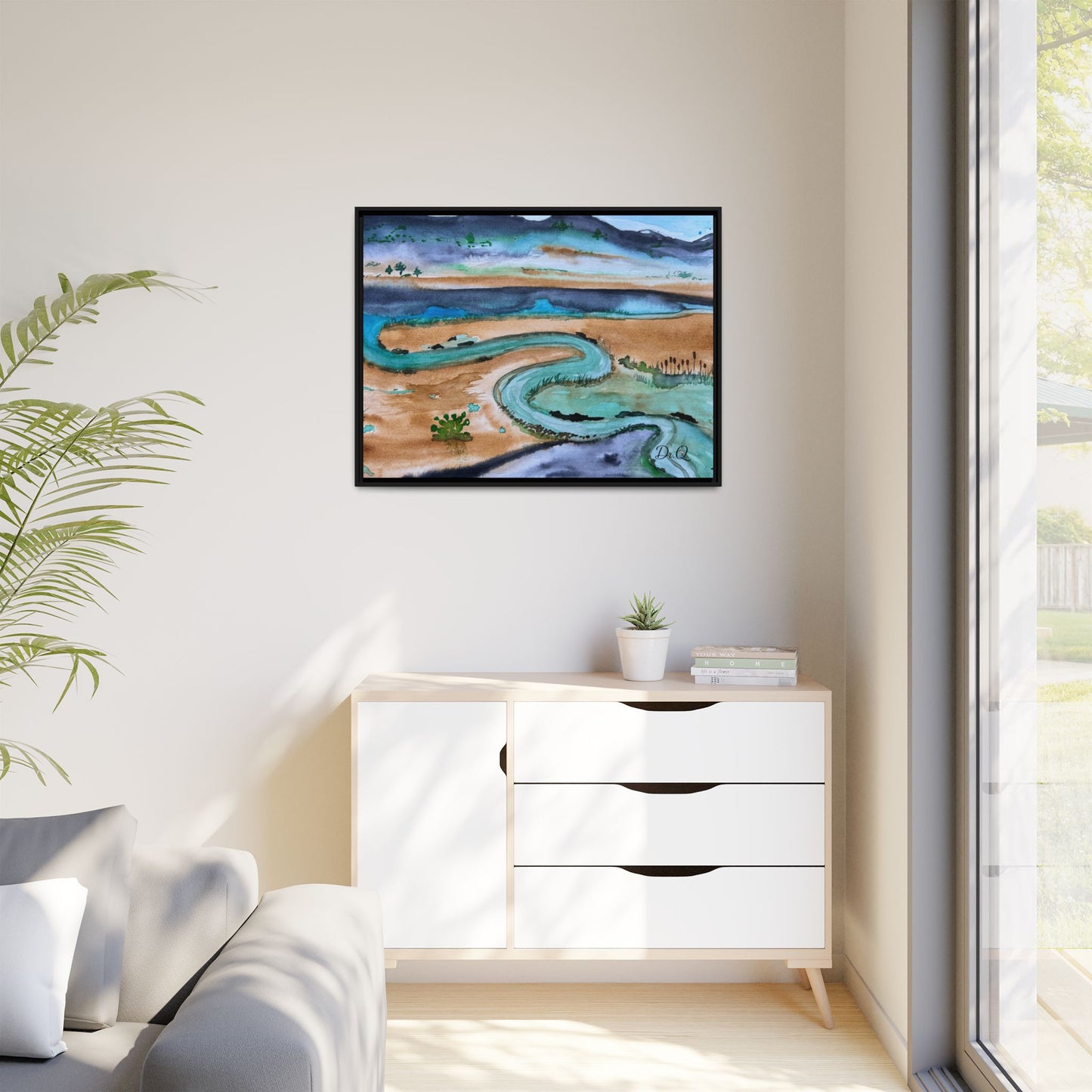 Winding River by Dr. Q - Framed Matte Canvas Watercolor Wall Art