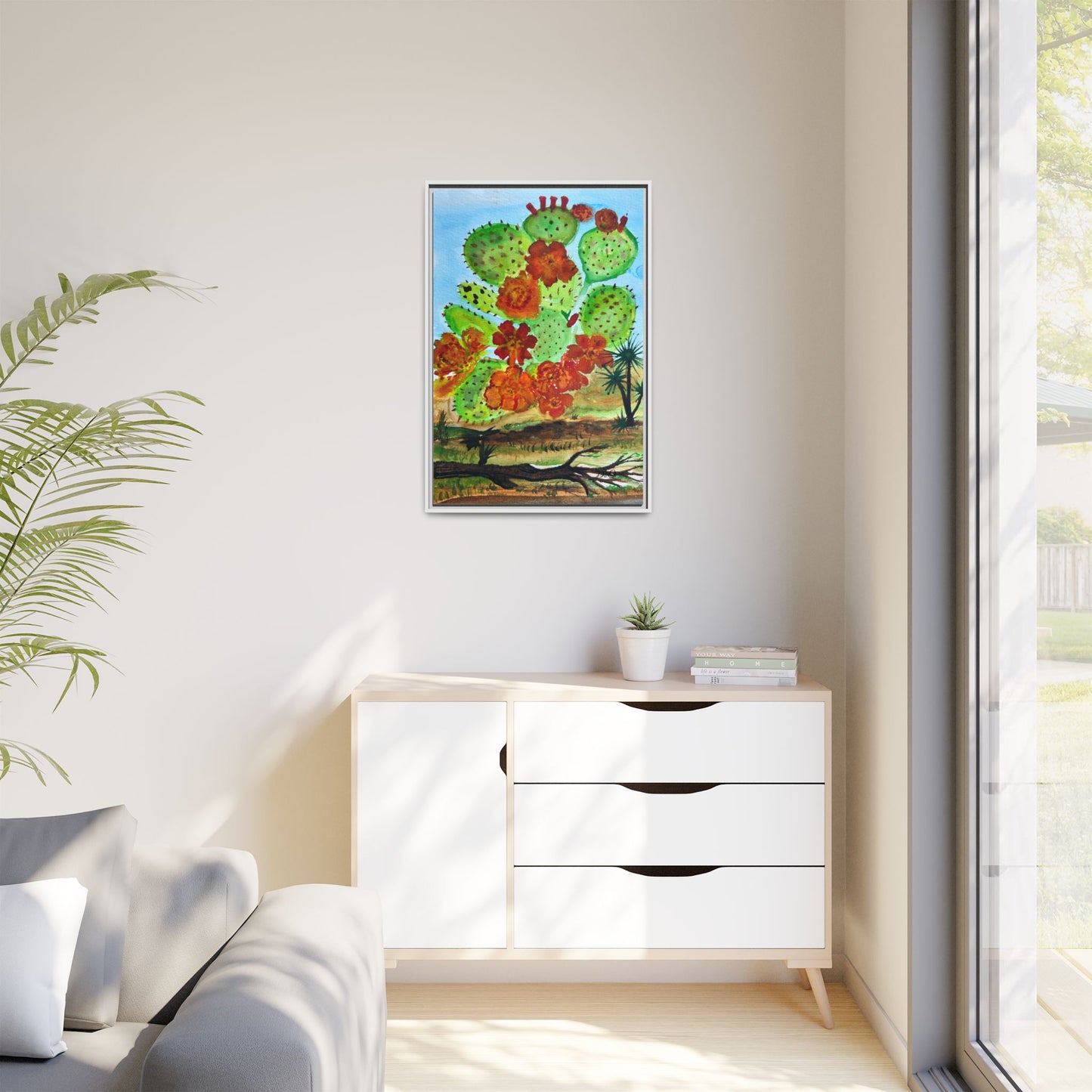 Prickly Pear Cactus Framed Canvas Print — Vertical Botanical Wall Art