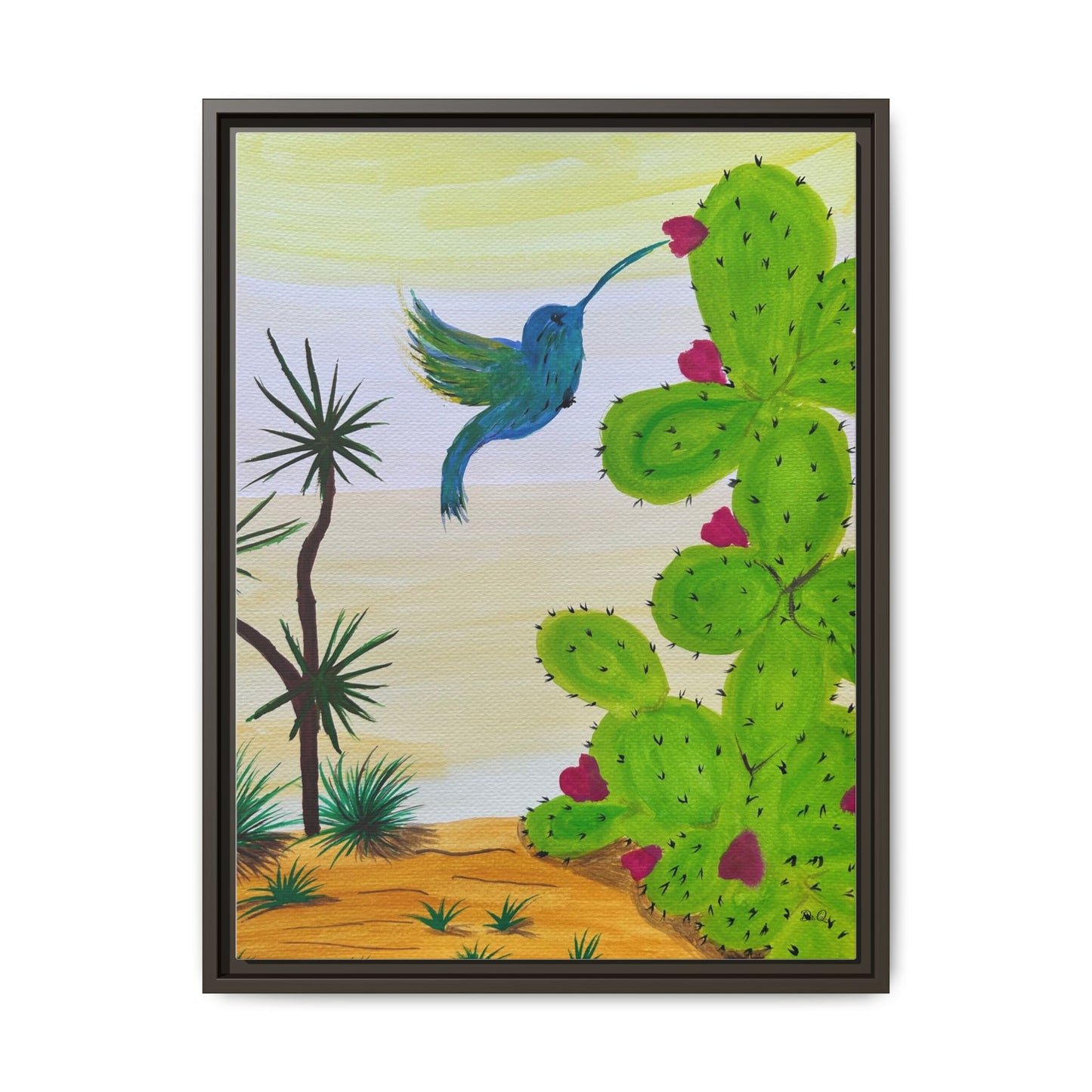 Tropical Cactus & Hummingbird Wall Art - Framed Matte Canvas