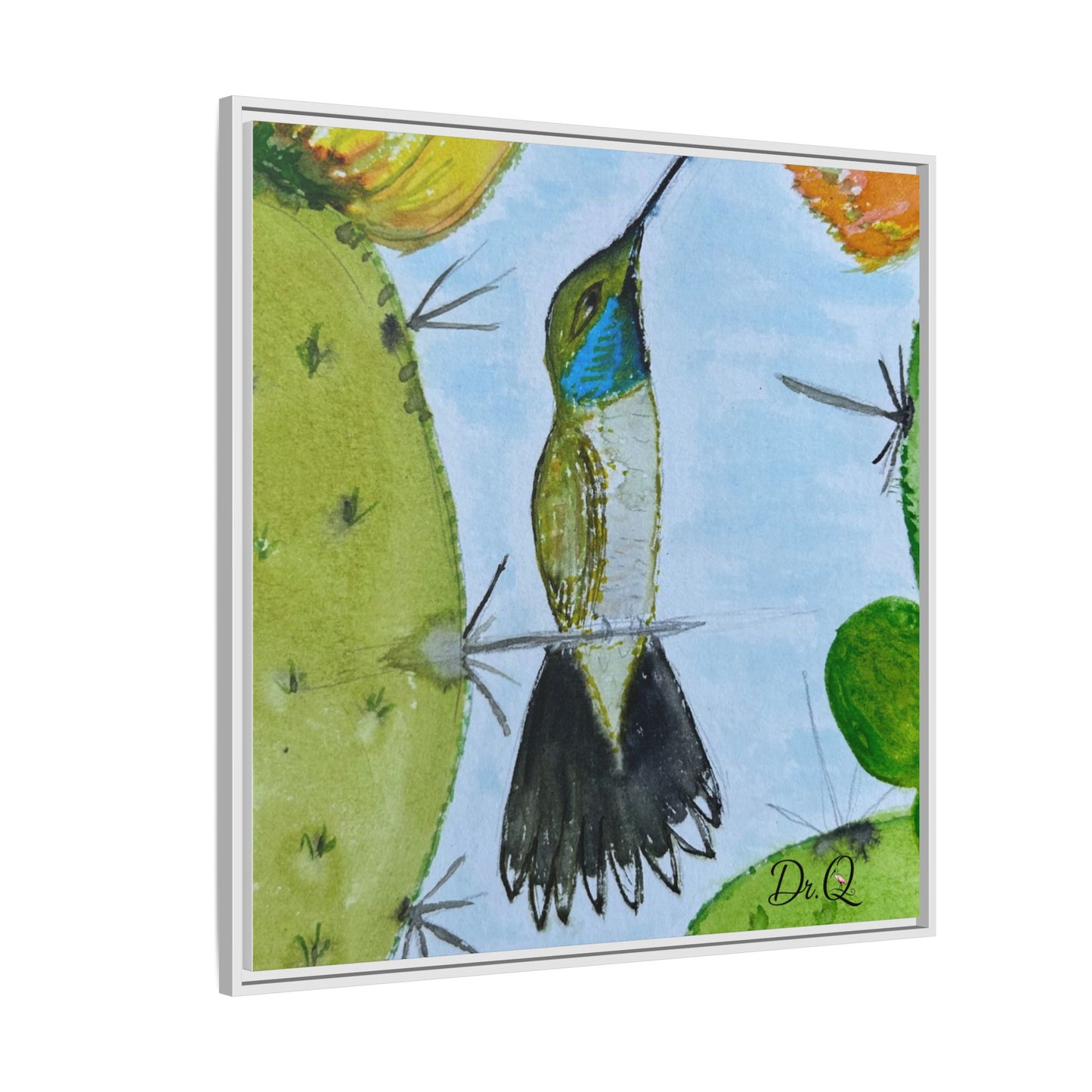 Framed Hummingbird Cactus Watercolor Print on Canvas by Dr. Q — Floral Desert Wall Art
