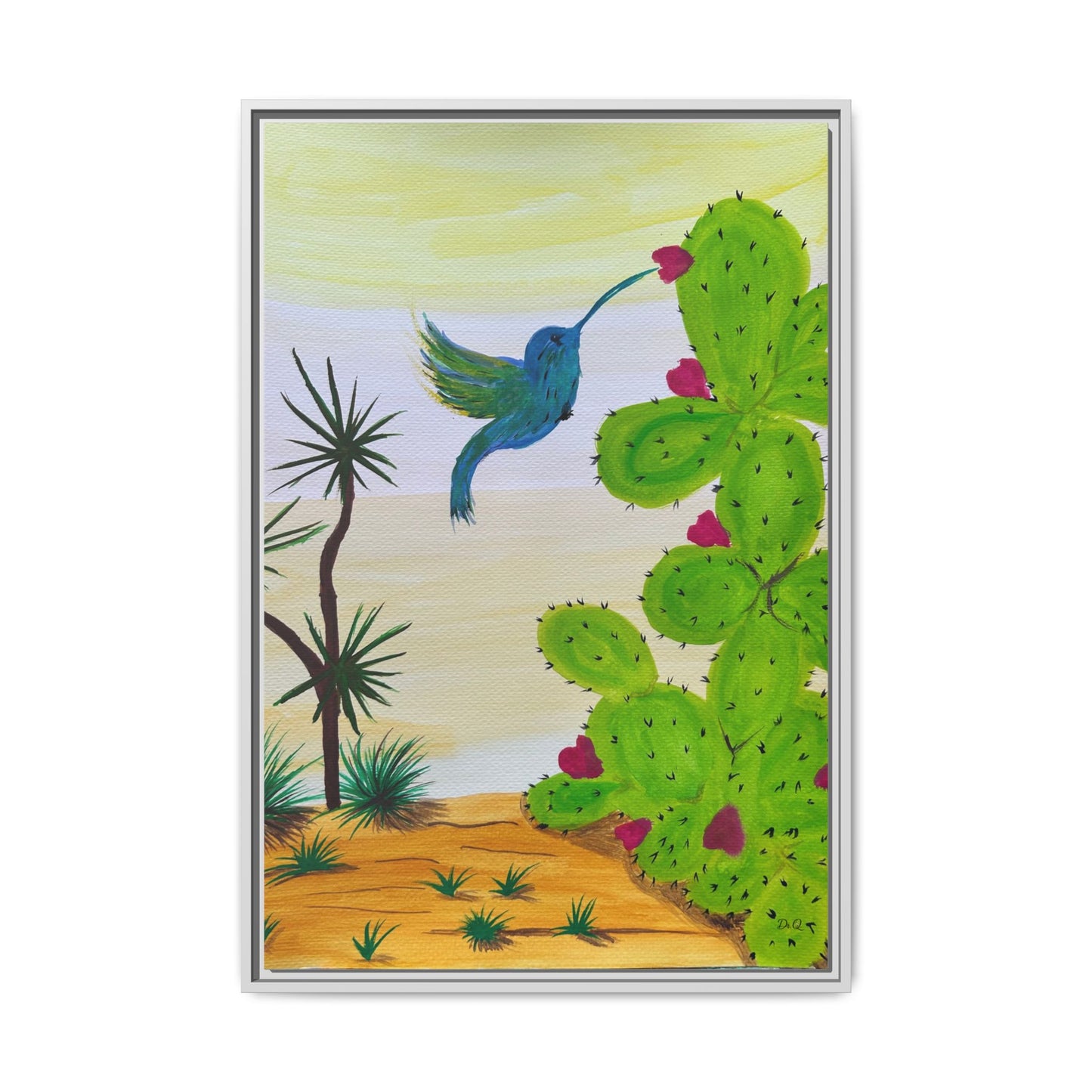 Tropical Cactus & Hummingbird Wall Art - Framed Matte Canvas