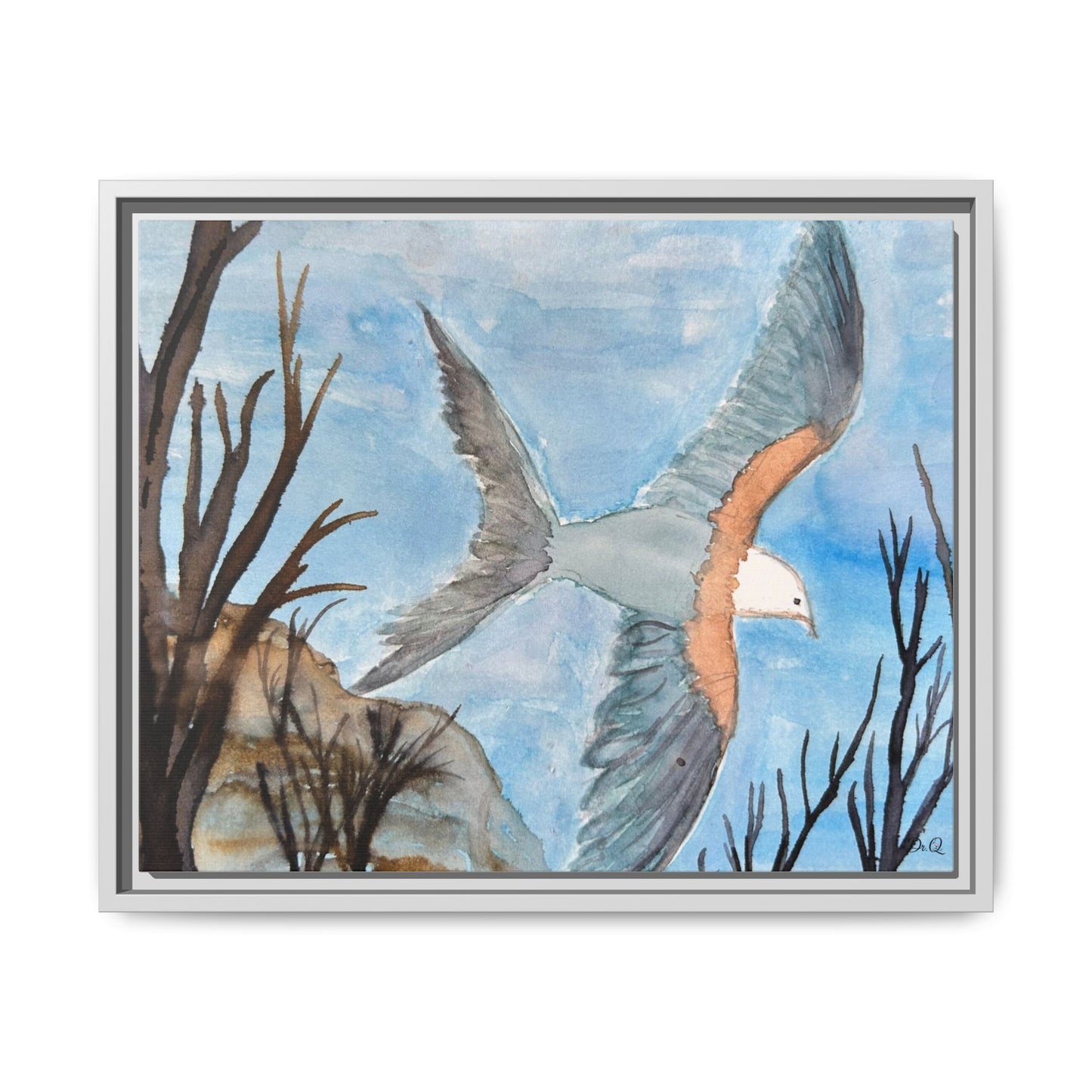 Framed Matte Canvas Wall Art — Soaring Seagull Coastal Print