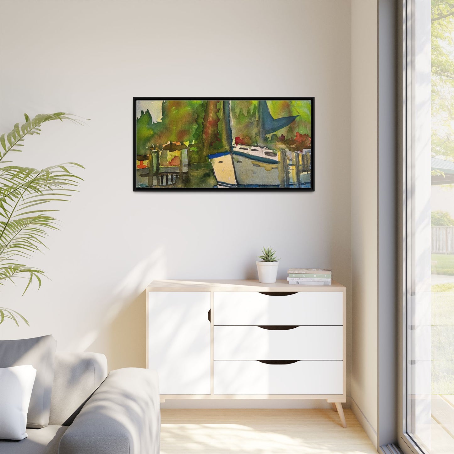 Sailboat Harbor Watercolor — Framed Matte Canvas Wall Art