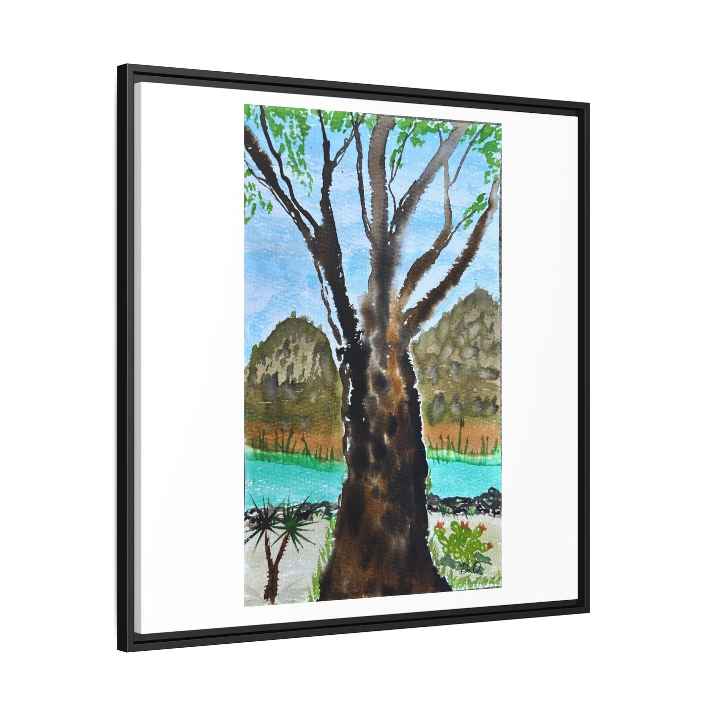 Tranquil Lakeside Tree Watercolor - Framed Matte Canvas Print by Dr. Q
