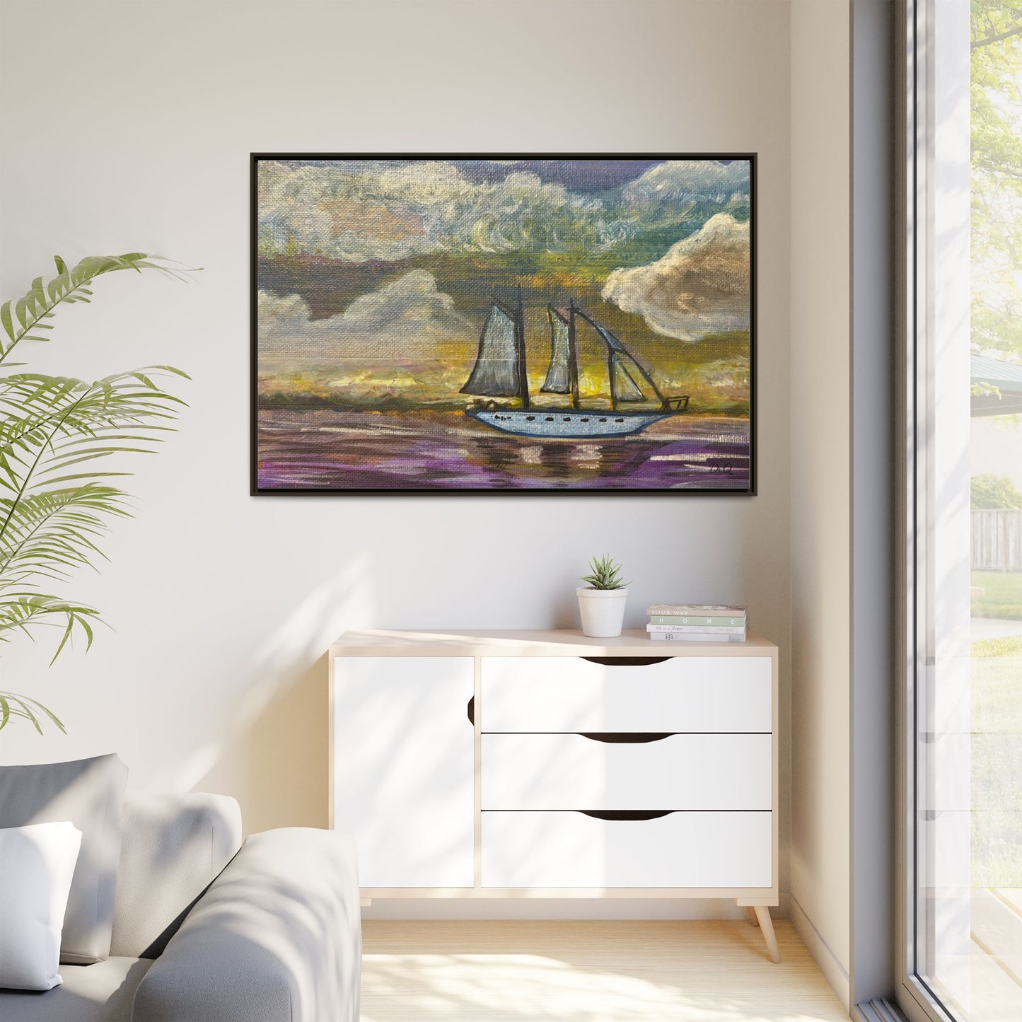 Framed Matte Canvas Sailboat Painting — Serene Seascape Wall Art