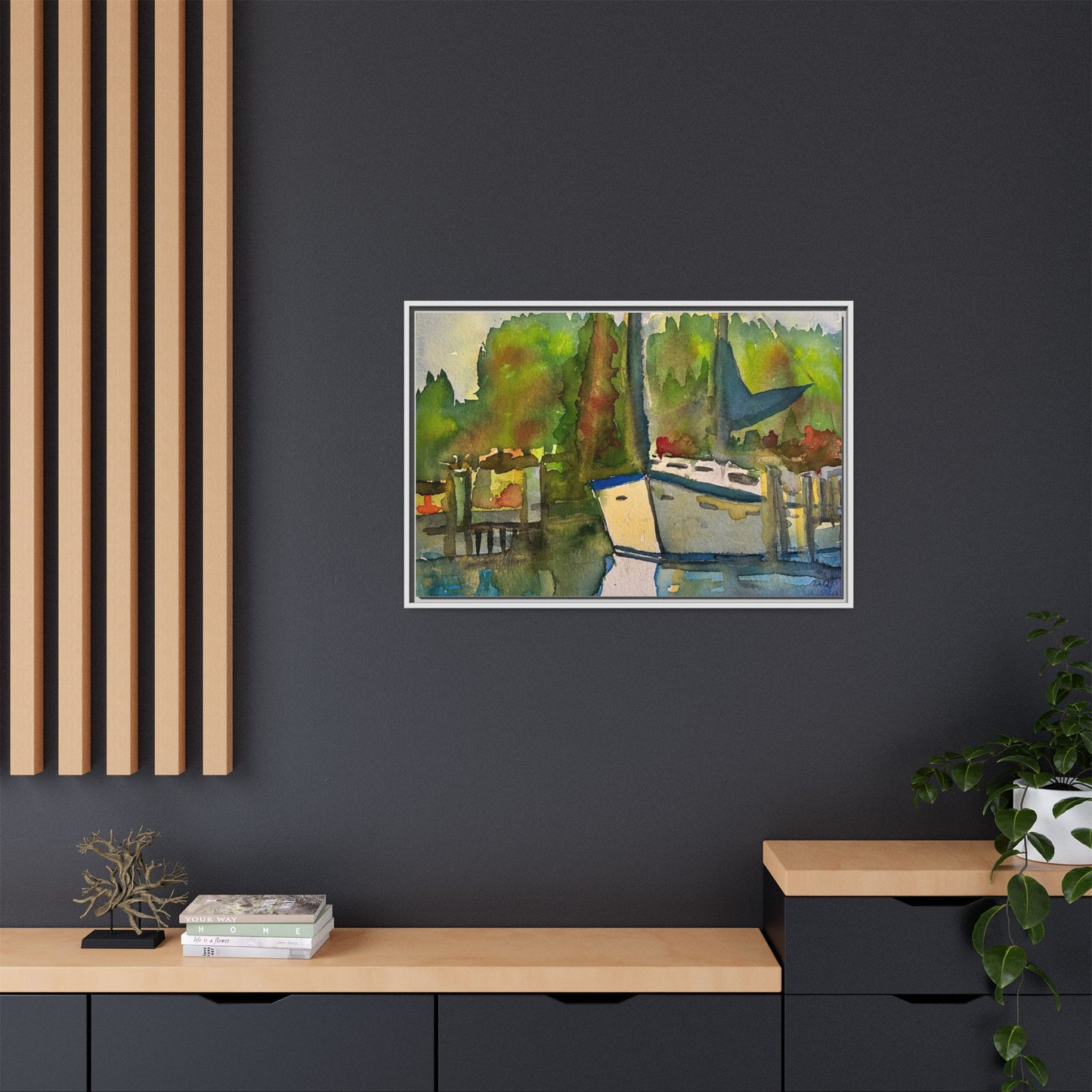 Sailboat Harbor Watercolor — Framed Matte Canvas Wall Art