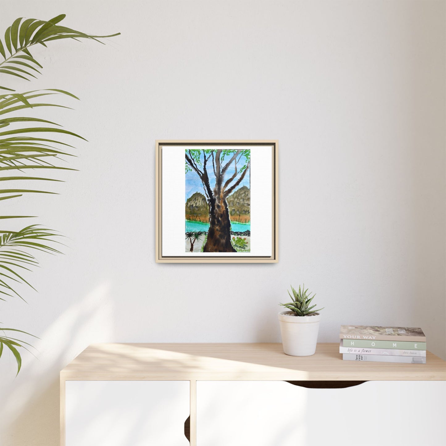 Tranquil Lakeside Tree Watercolor - Framed Matte Canvas Print by Dr. Q