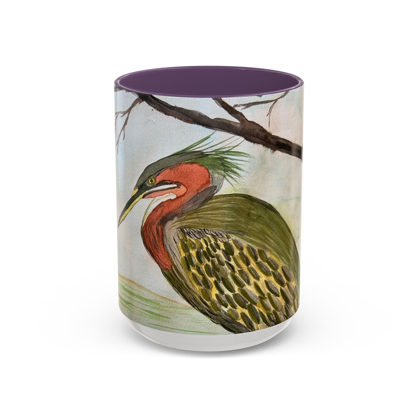 Green Heron Watercolor Accent Coffee Mug — Nature Bird Watercolor (11/15oz)