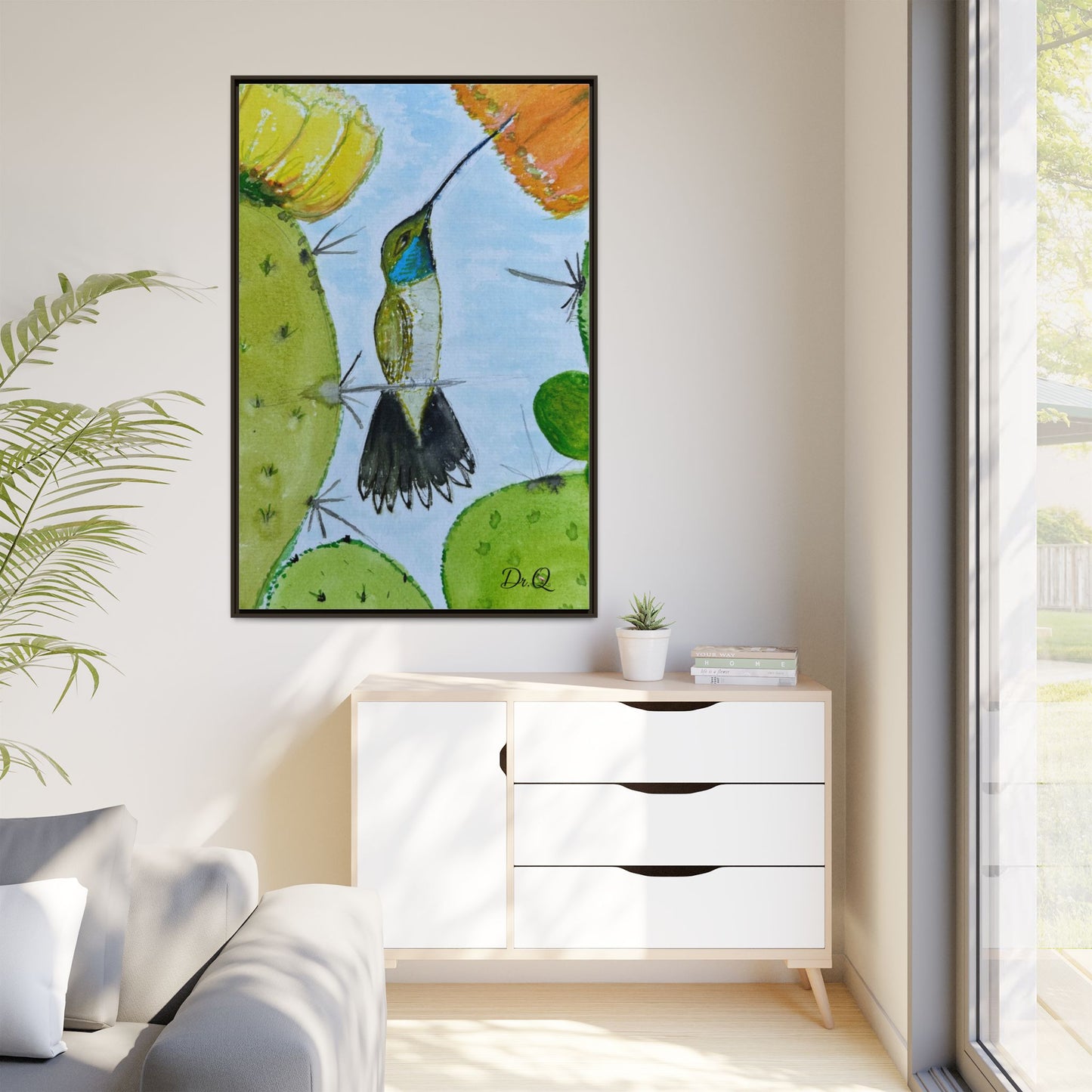Framed Hummingbird Cactus Watercolor Print on Canvas by Dr. Q — Floral Desert Wall Art