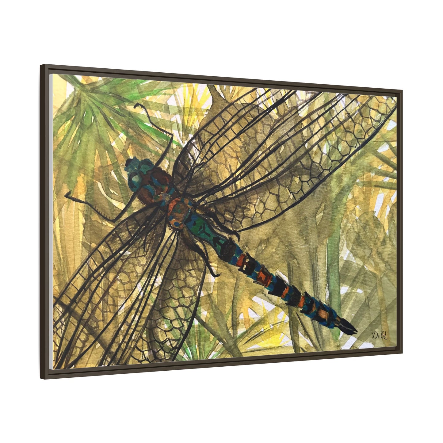 Dragonfly Framed Canvas Art — Botanical Watercolor Wall Decor