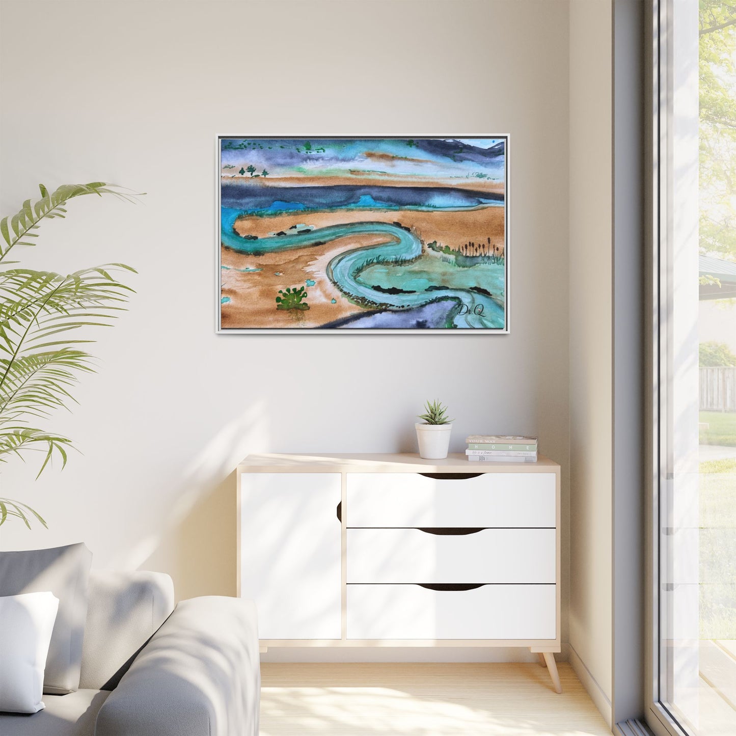 Winding River by Dr. Q - Framed Matte Canvas Watercolor Wall Art