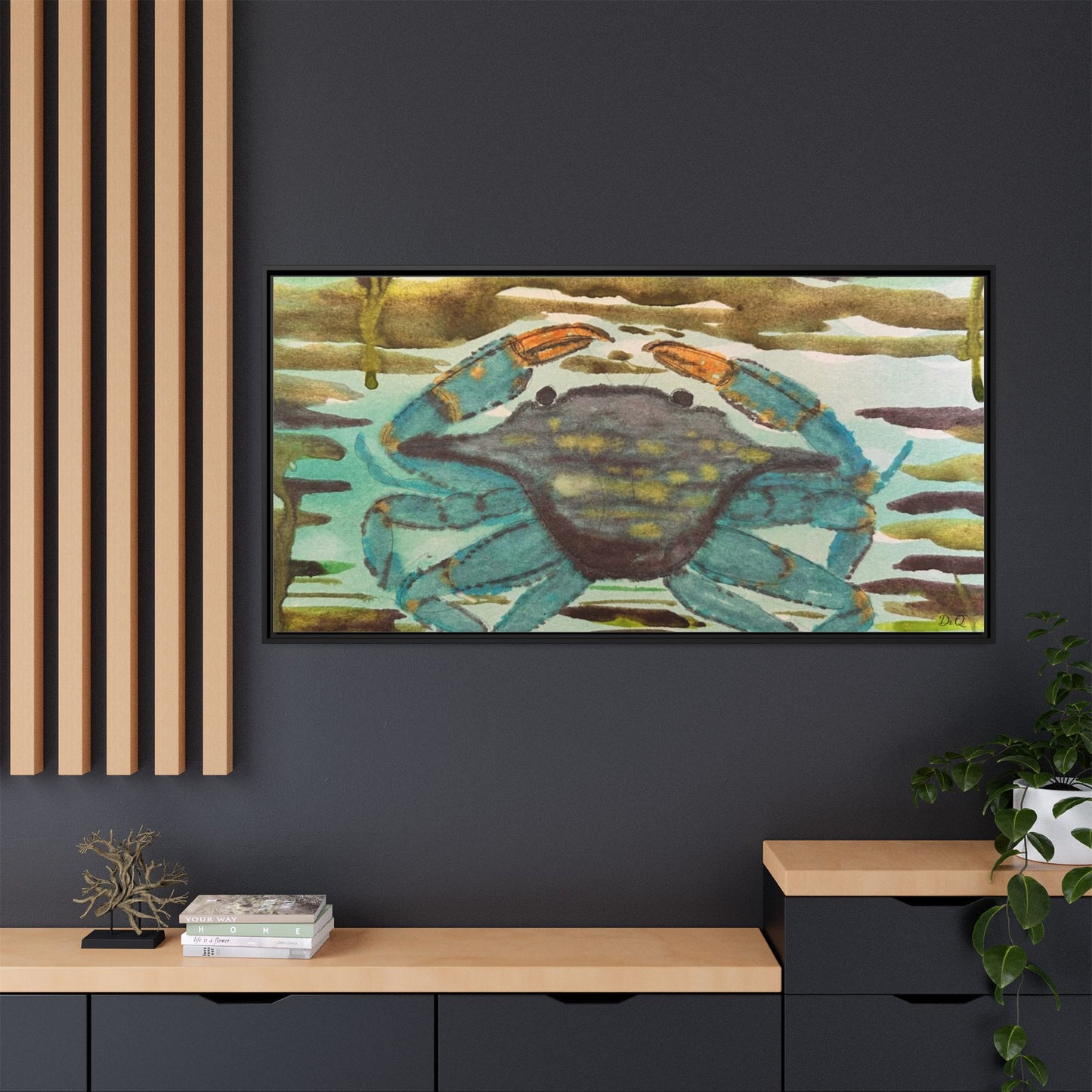 Blue Crab Coastal Art Print — Matte Framed Canvas
